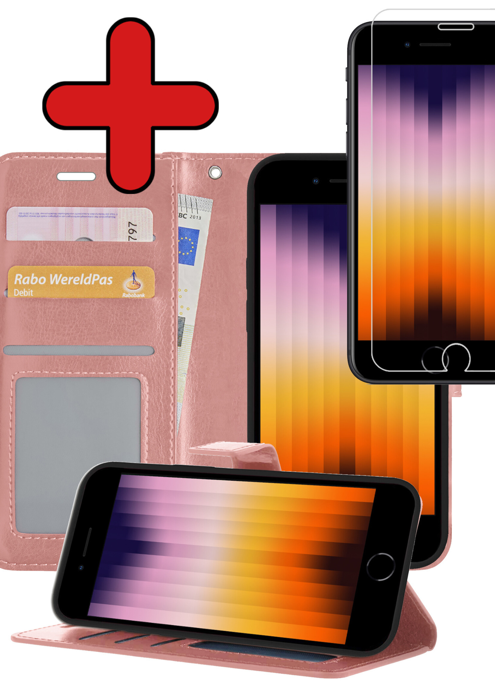 BTH Hoesje Geschikt voor iPhone SE 2022 Hoesje Book Case Hoes Portemonnee Cover Walletcase Met Screenprotector - Hoes Geschikt voor iPhone SE (2022) Hoes Bookcase Hoesje - Rosé goud
