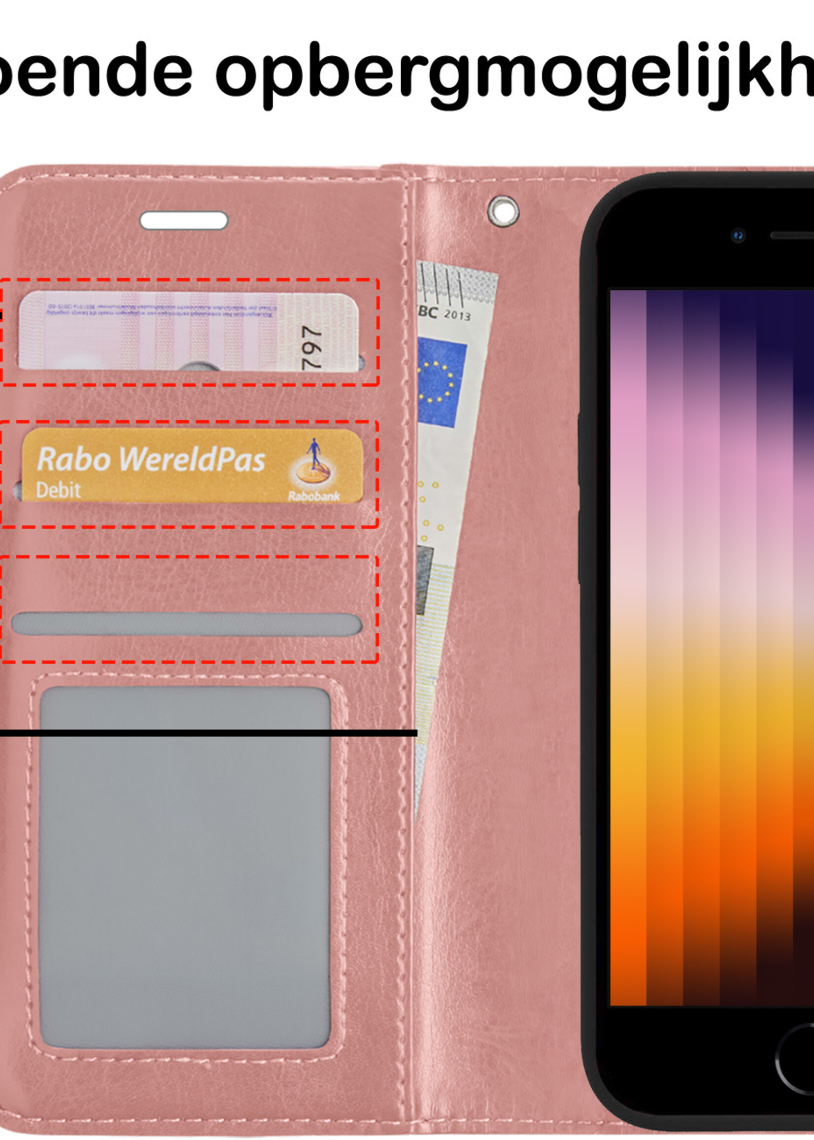 BTH Hoesje Geschikt voor iPhone SE 2022 Hoesje Book Case Hoes Portemonnee Cover Walletcase Met Screenprotector - Hoes Geschikt voor iPhone SE (2022) Hoes Bookcase Hoesje - Rosé goud