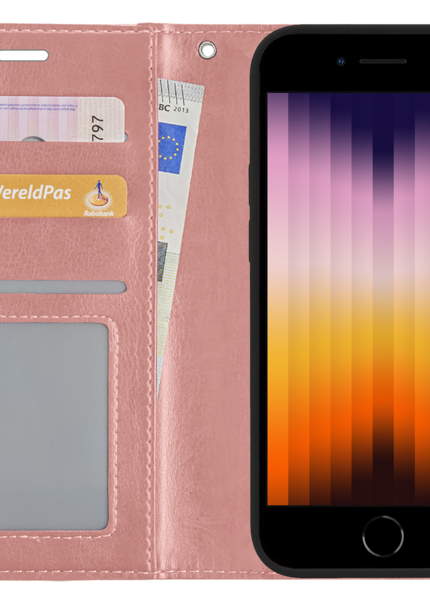 BTH Hoesje Geschikt voor iPhone SE 2022 Hoesje Book Case Hoes Portemonnee Cover Walletcase Met Screenprotector - Hoes Geschikt voor iPhone SE (2022) Hoes Bookcase Hoesje - Rosé goud