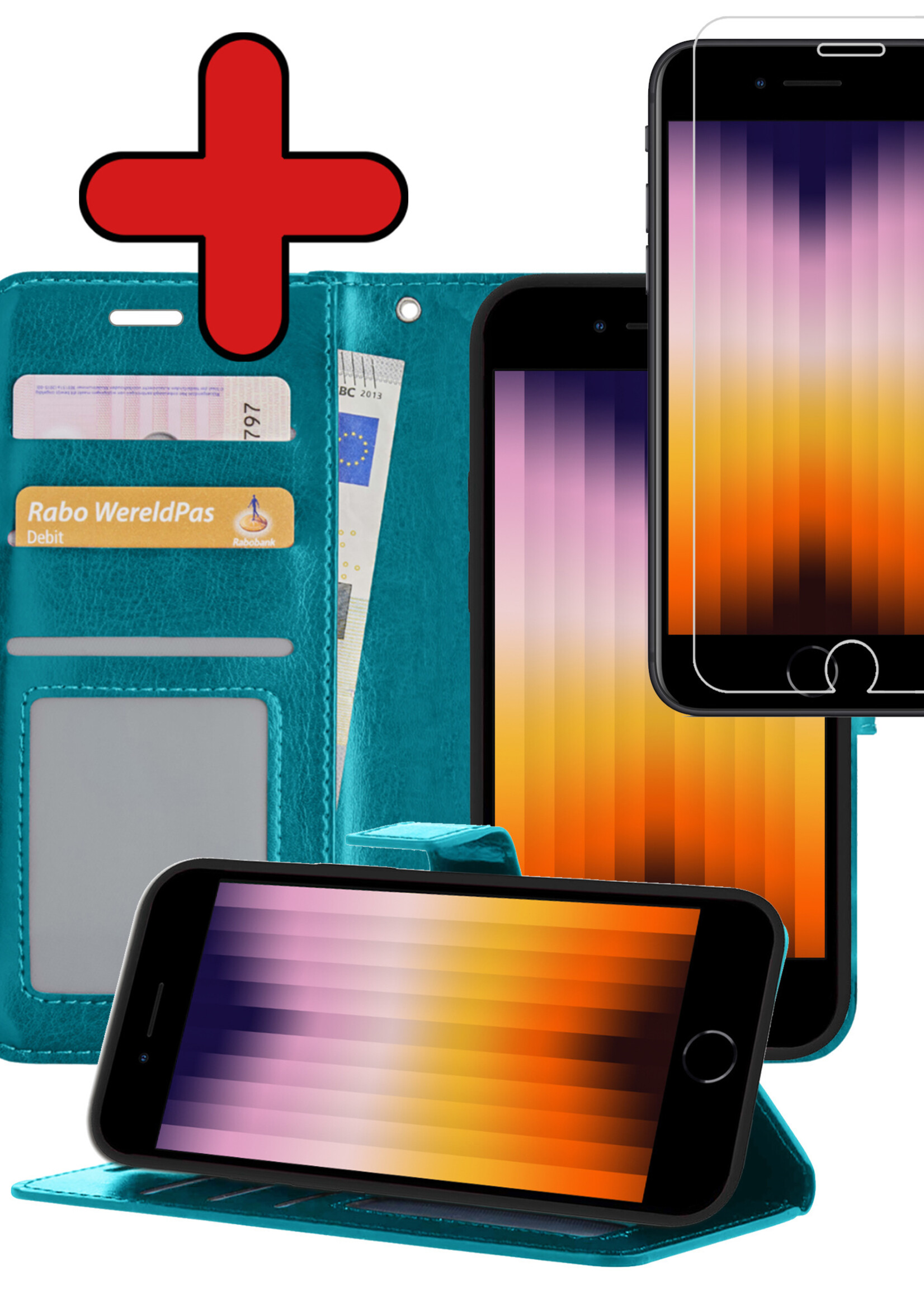 BTH Hoesje Geschikt voor iPhone SE 2022 Hoesje Book Case Hoes Portemonnee Cover Walletcase Met Screenprotector - Hoes Geschikt voor iPhone SE (2022) Hoes Bookcase Hoesje - Turquoise
