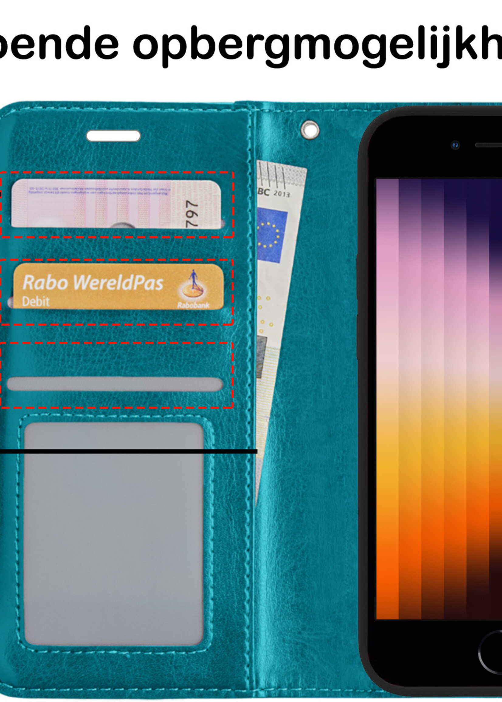 BTH Hoesje Geschikt voor iPhone SE 2022 Hoesje Book Case Hoes Portemonnee Cover Walletcase Met Screenprotector - Hoes Geschikt voor iPhone SE (2022) Hoes Bookcase Hoesje - Turquoise