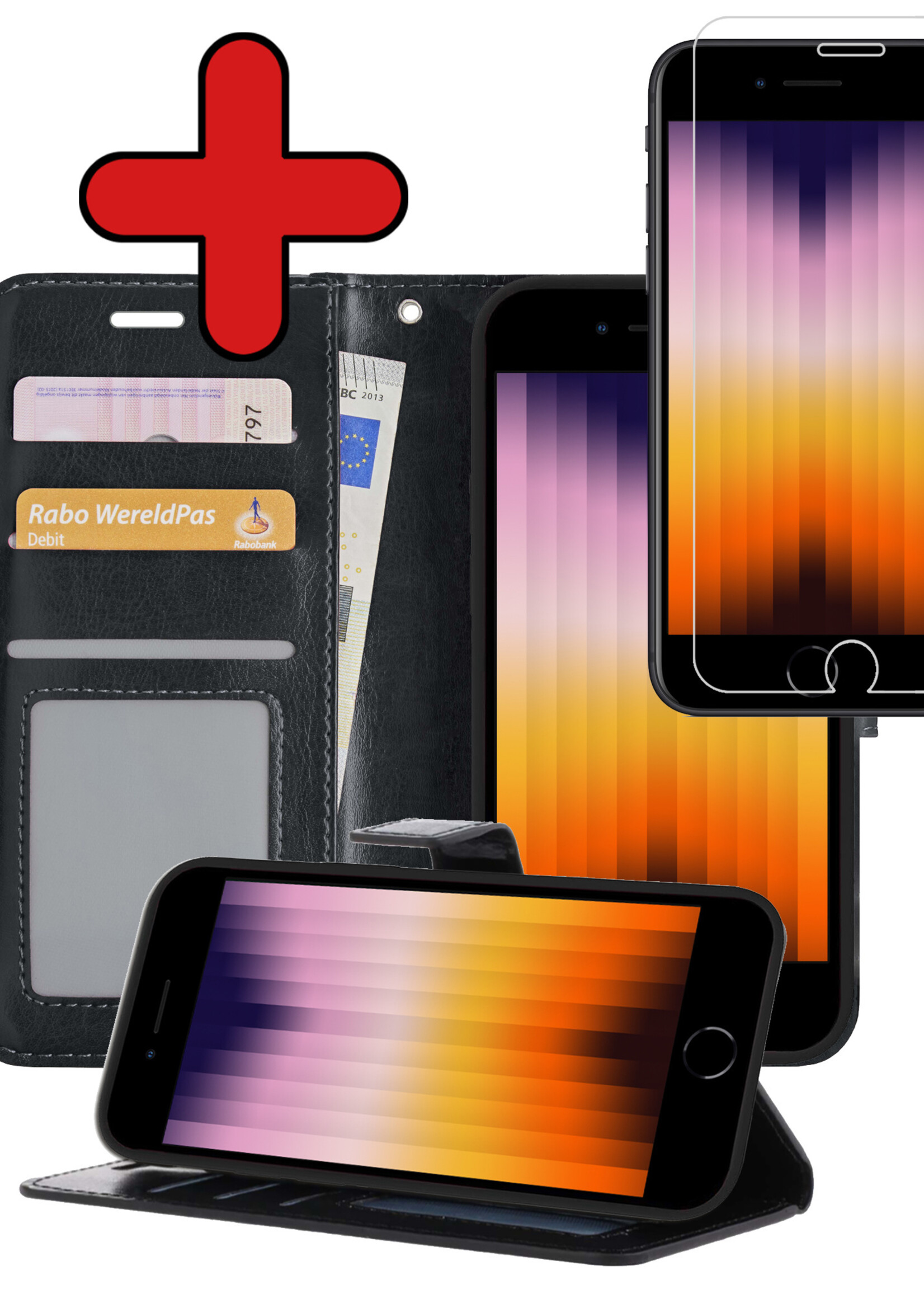 BTH Hoesje Geschikt voor iPhone SE 2022 Hoesje Book Case Hoes Portemonnee Cover Walletcase Met Screenprotector - Hoes Geschikt voor iPhone SE (2022) Hoes Bookcase Hoesje - Zwart