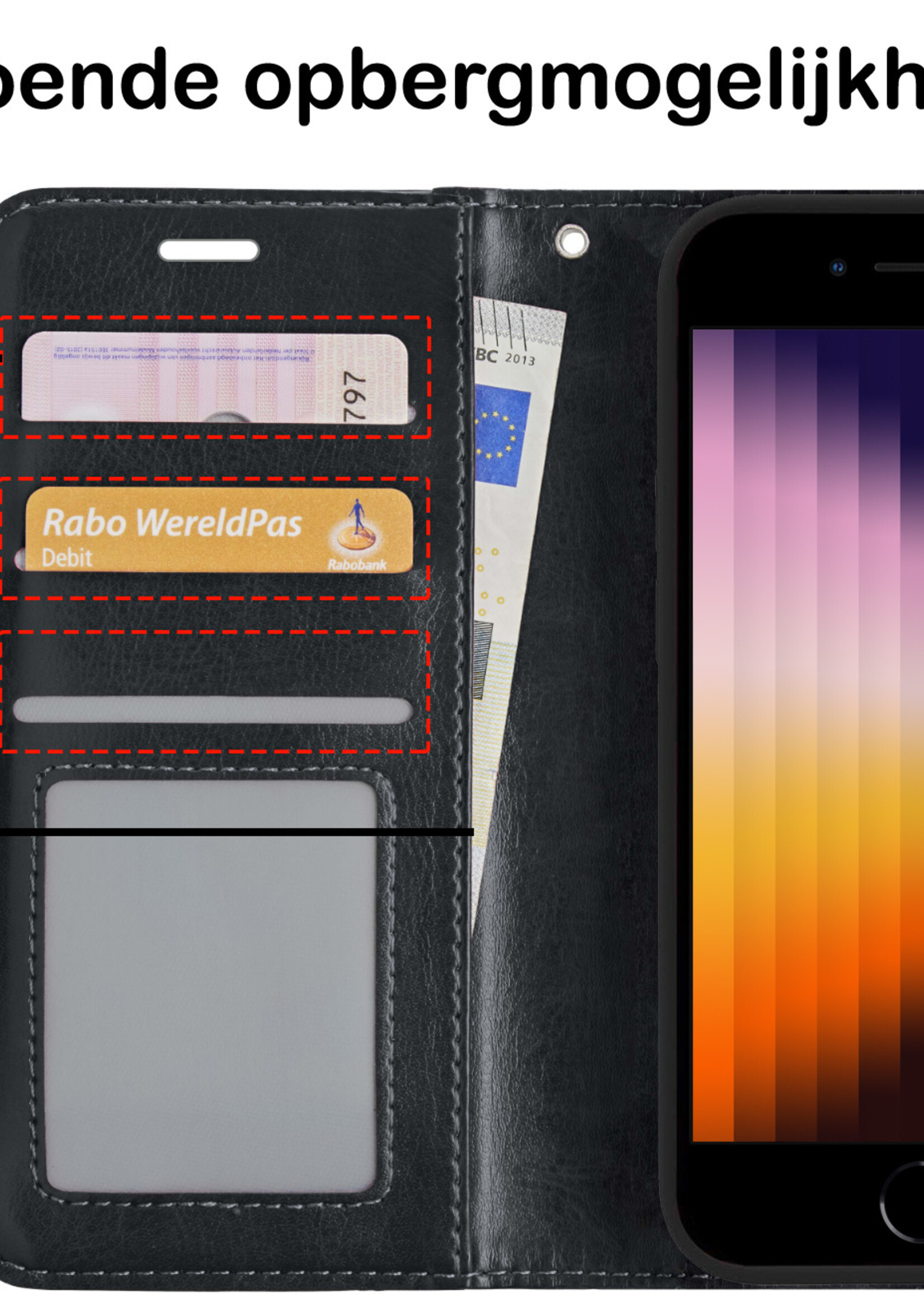 BTH Hoesje Geschikt voor iPhone SE 2022 Hoesje Book Case Hoes Portemonnee Cover Walletcase Met Screenprotector - Hoes Geschikt voor iPhone SE (2022) Hoes Bookcase Hoesje - Zwart