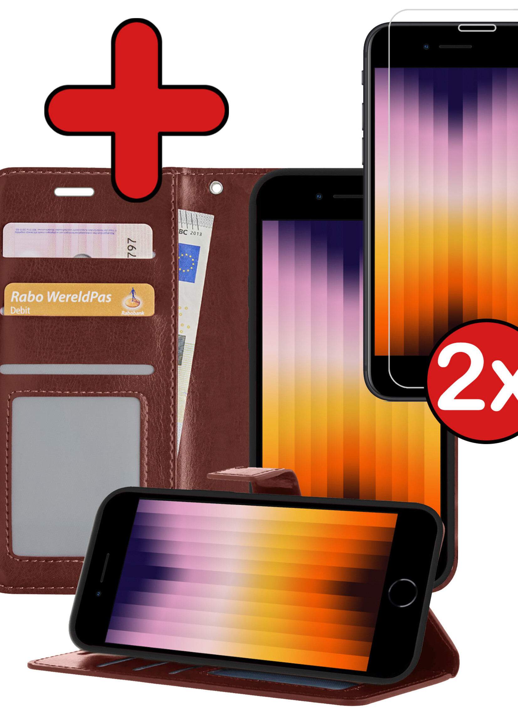 BTH Hoesje Geschikt voor iPhone SE 2022 Hoesje Book Case Hoes Portemonnee Cover Walletcase Met 2x Screenprotector - Hoes Geschikt voor iPhone SE (2022) Hoes Bookcase Hoesje - Bruin