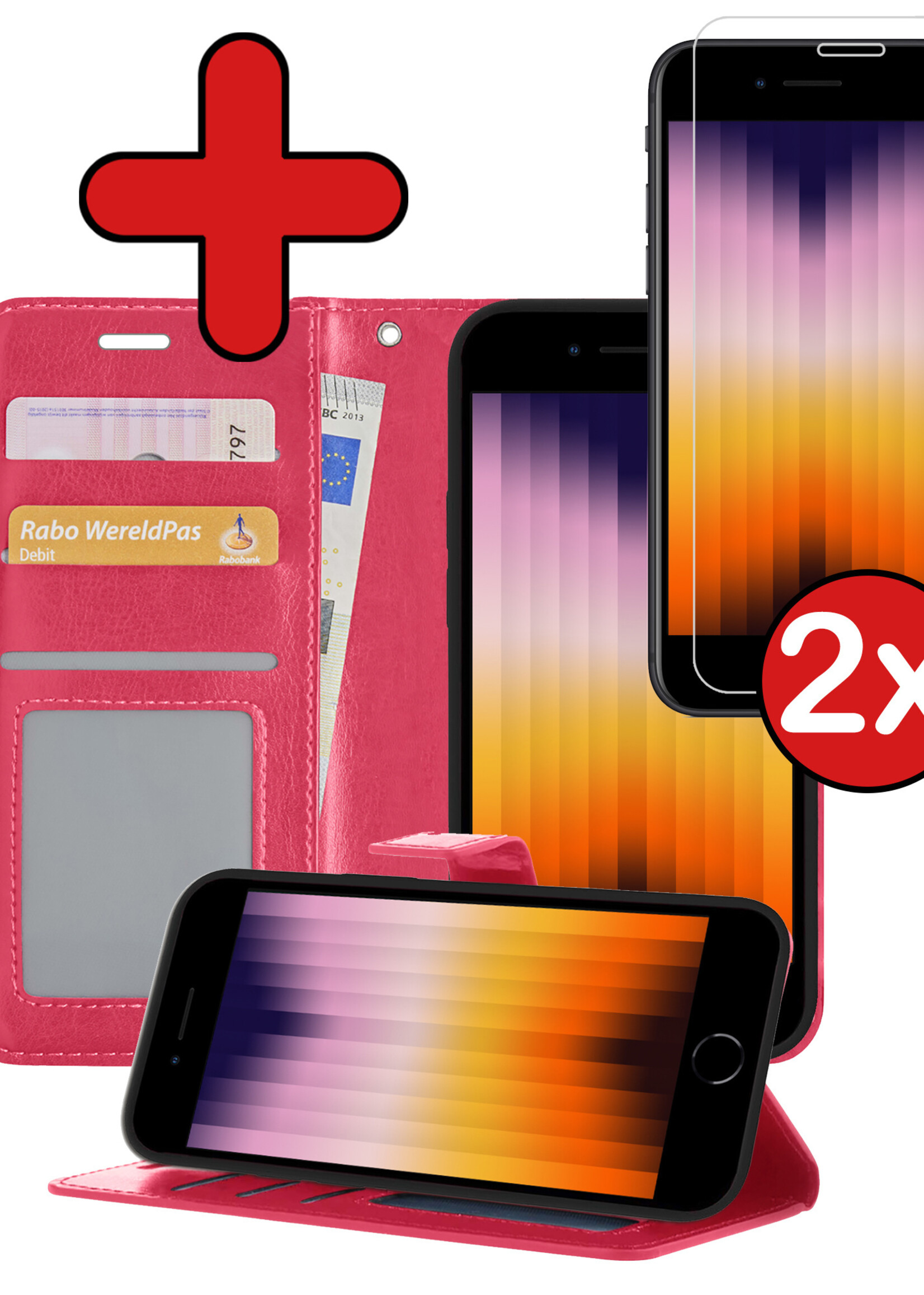 BTH Hoesje Geschikt voor iPhone SE 2022 Hoesje Book Case Hoes Portemonnee Cover Walletcase Met 2x Screenprotector - Hoes Geschikt voor iPhone SE (2022) Hoes Bookcase Hoesje - Donkerroze