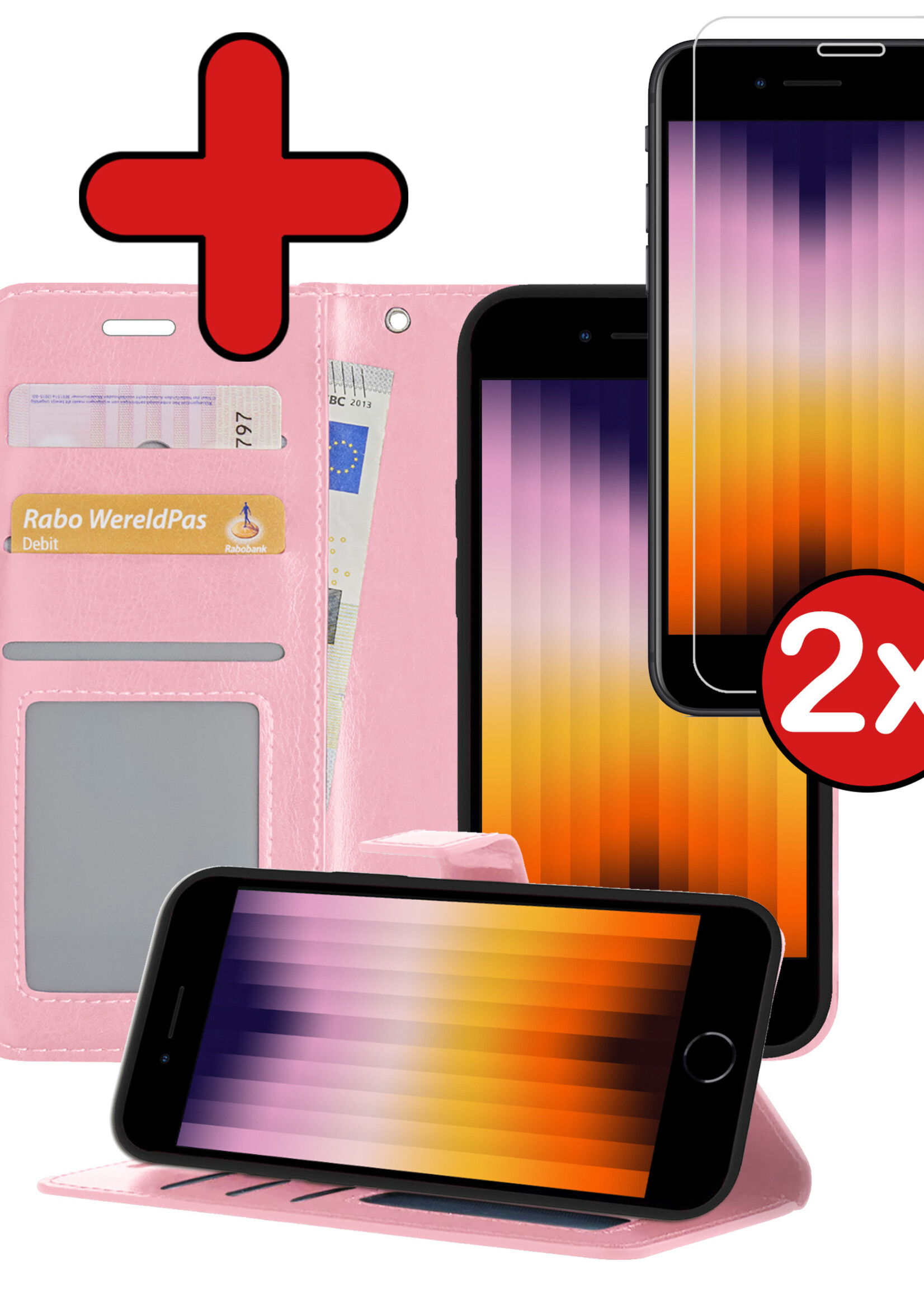 BTH Hoesje Geschikt voor iPhone SE 2022 Hoesje Book Case Hoes Portemonnee Cover Walletcase Met 2x Screenprotector - Hoes Geschikt voor iPhone SE (2022) Hoes Bookcase Hoesje - Lichtroze