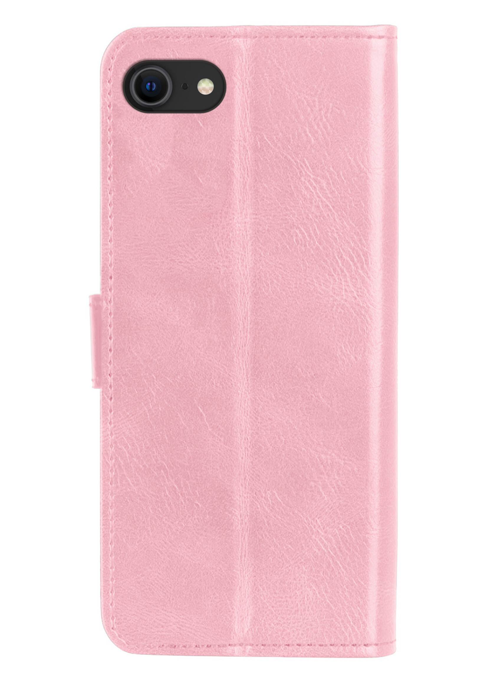 BTH Hoesje Geschikt voor iPhone SE 2022 Hoesje Book Case Hoes Portemonnee Cover Walletcase Met 2x Screenprotector - Hoes Geschikt voor iPhone SE (2022) Hoes Bookcase Hoesje - Lichtroze