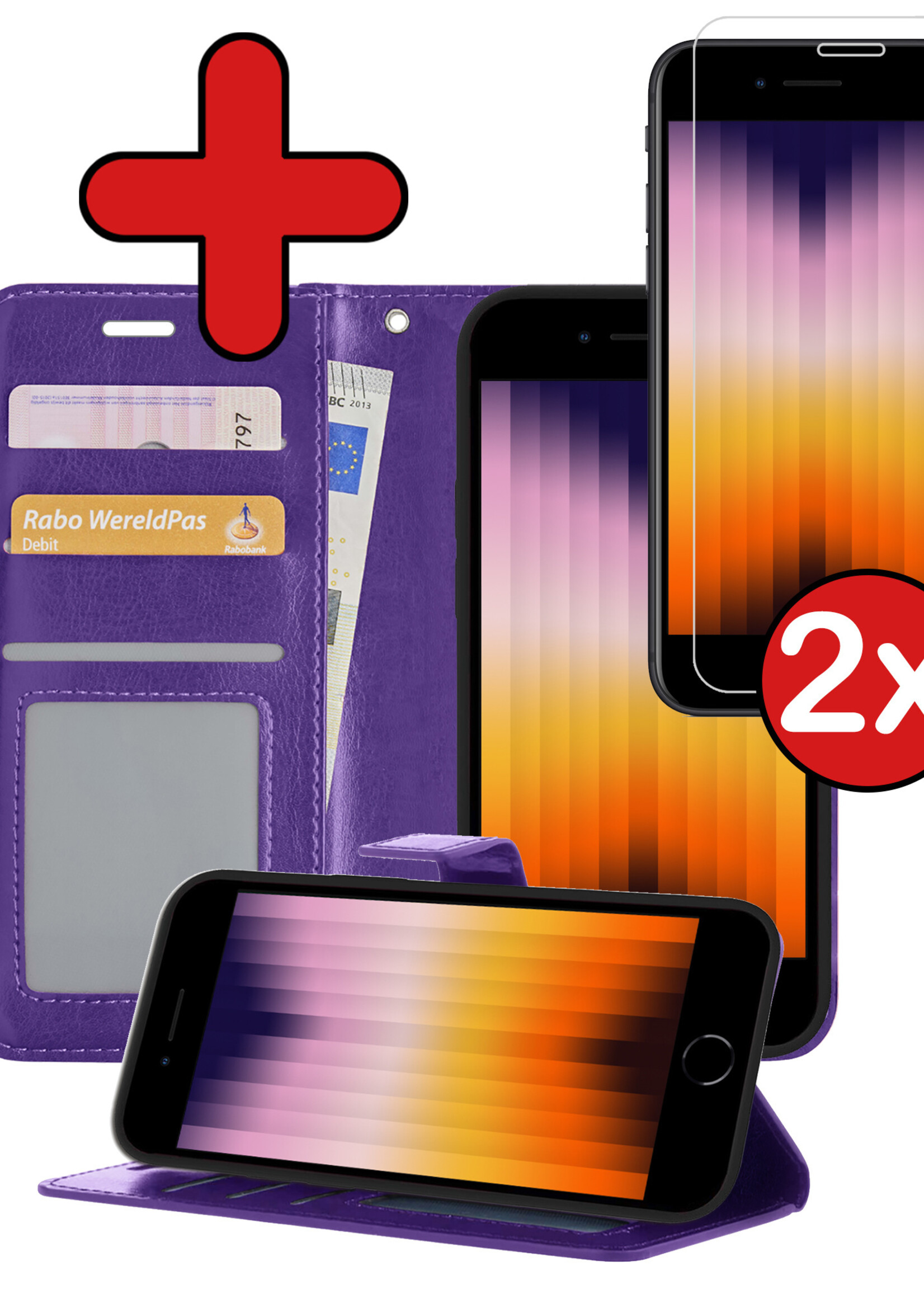 BTH Hoesje Geschikt voor iPhone SE 2022 Hoesje Book Case Hoes Portemonnee Cover Walletcase Met 2x Screenprotector - Hoes Geschikt voor iPhone SE (2022) Hoes Bookcase Hoesje - Paars