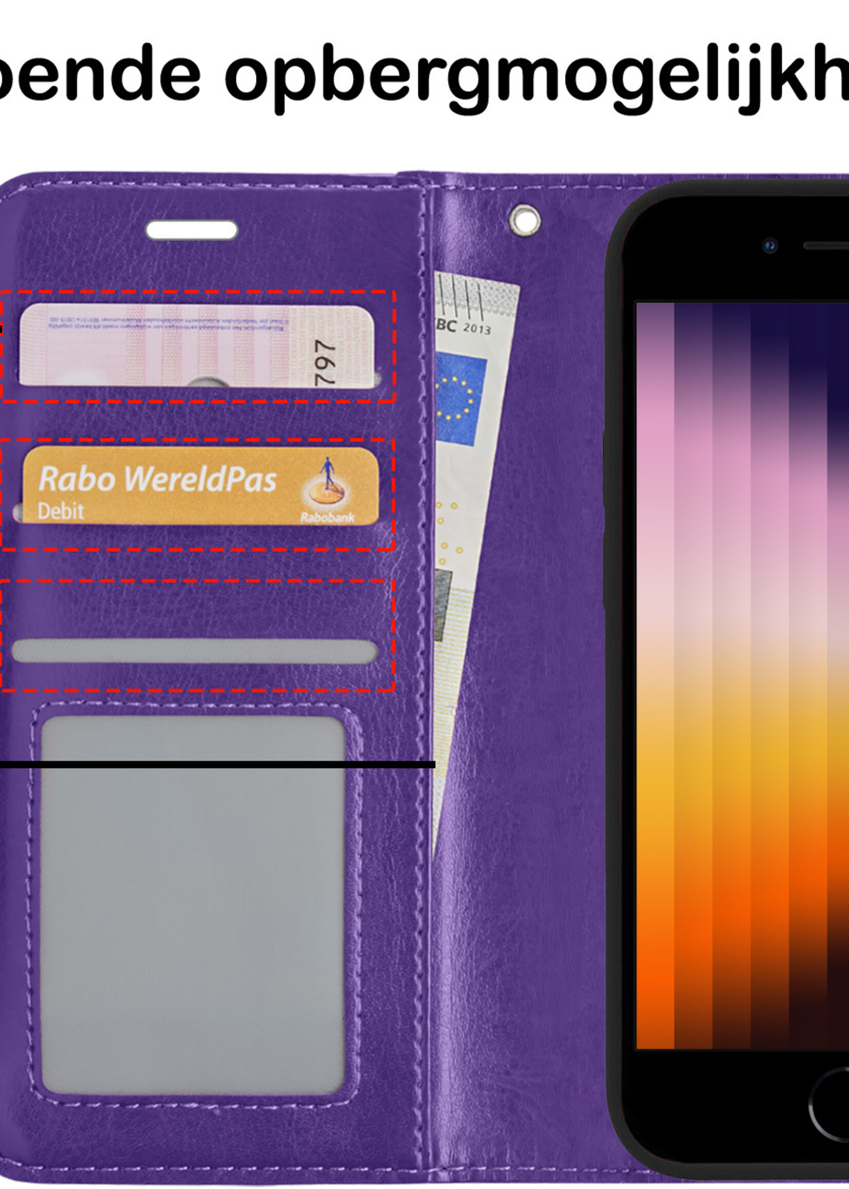 BTH Hoesje Geschikt voor iPhone SE 2022 Hoesje Book Case Hoes Portemonnee Cover Walletcase Met 2x Screenprotector - Hoes Geschikt voor iPhone SE (2022) Hoes Bookcase Hoesje - Paars