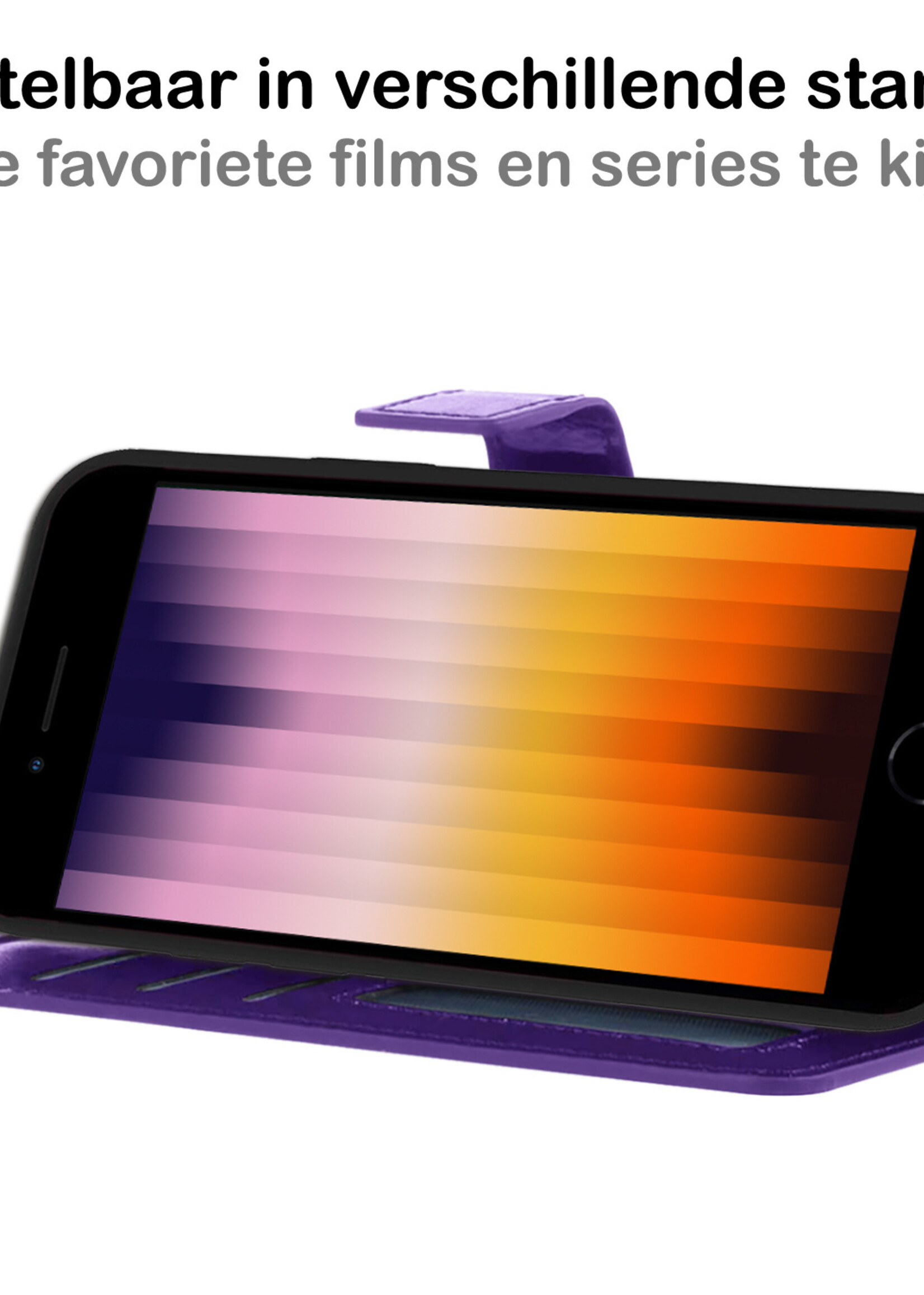 BTH Hoesje Geschikt voor iPhone SE 2022 Hoesje Book Case Hoes Portemonnee Cover Walletcase Met 2x Screenprotector - Hoes Geschikt voor iPhone SE (2022) Hoes Bookcase Hoesje - Paars