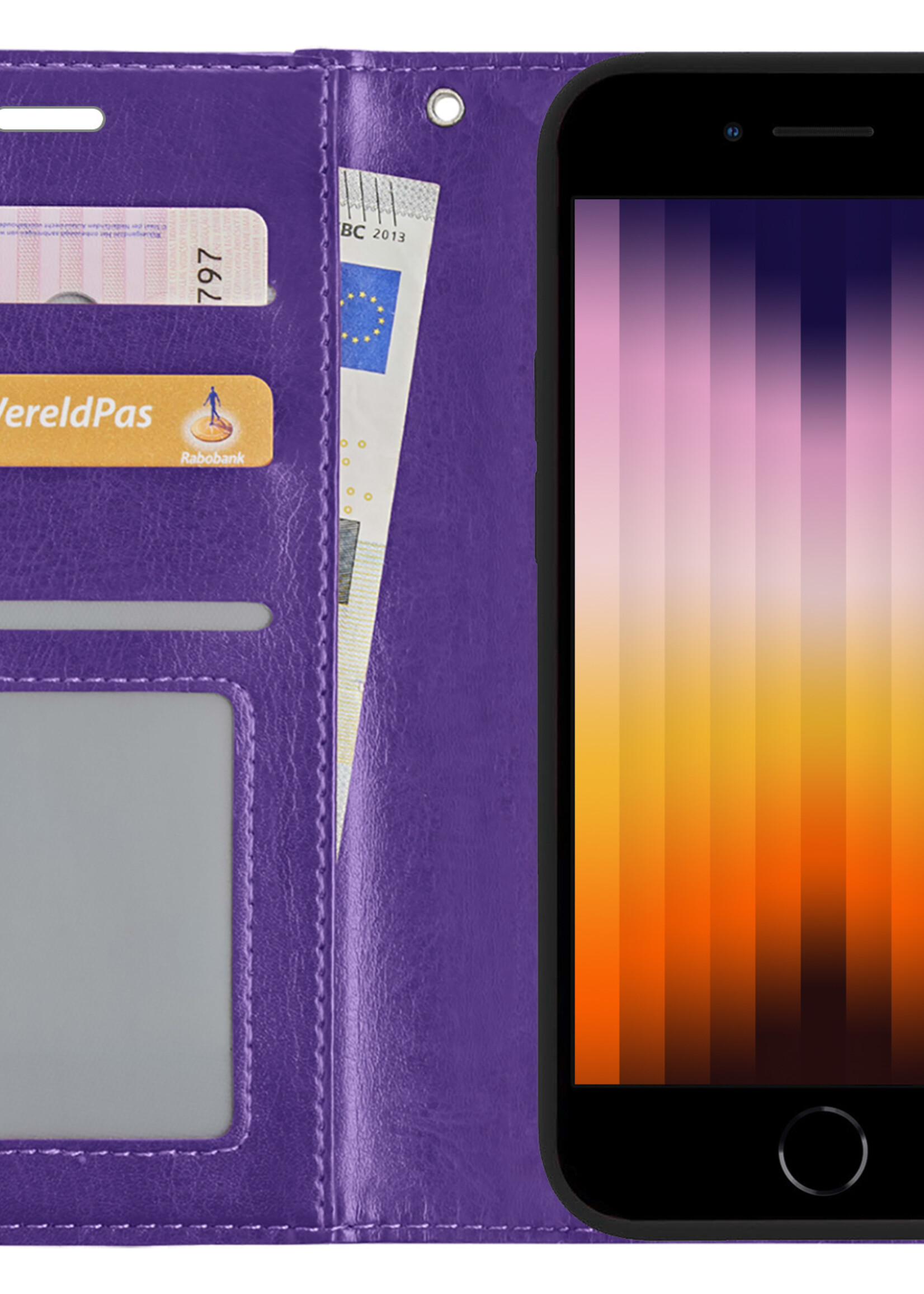 BTH Hoesje Geschikt voor iPhone SE 2022 Hoesje Book Case Hoes Portemonnee Cover Walletcase Met 2x Screenprotector - Hoes Geschikt voor iPhone SE (2022) Hoes Bookcase Hoesje - Paars