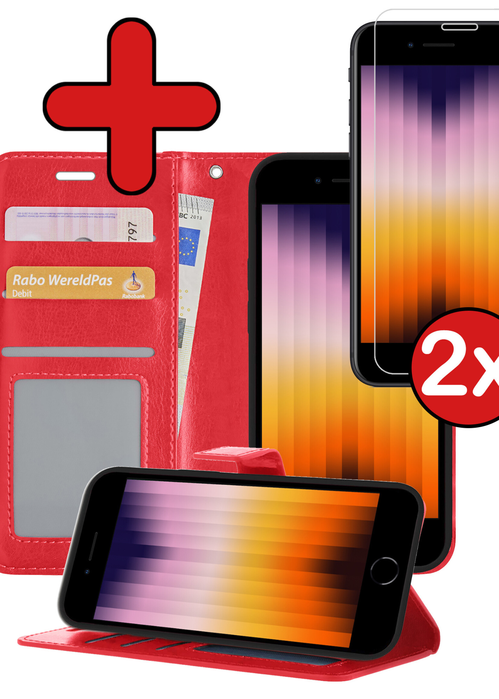 BTH Hoesje Geschikt voor iPhone SE 2022 Hoesje Book Case Hoes Portemonnee Cover Walletcase Met 2x Screenprotector - Hoes Geschikt voor iPhone SE (2022) Hoes Bookcase Hoesje - Rood