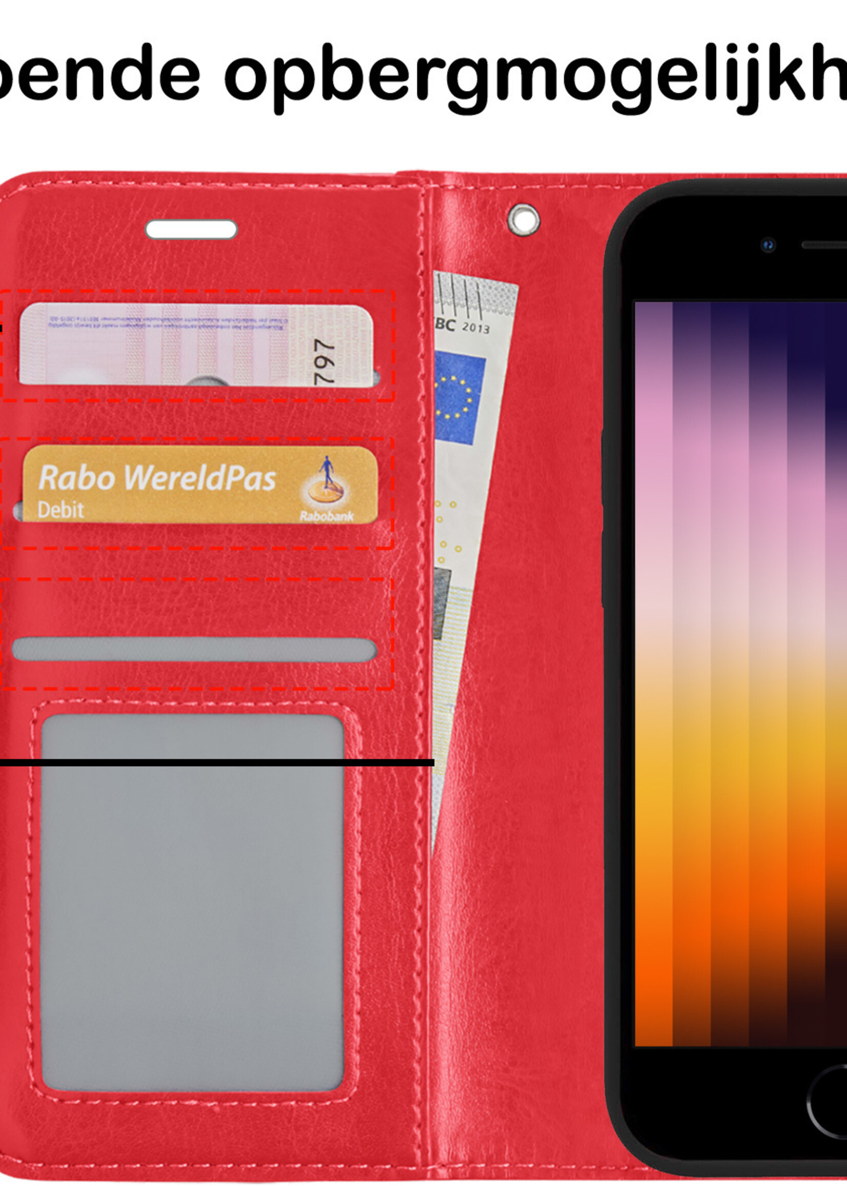 BTH Hoesje Geschikt voor iPhone SE 2022 Hoesje Book Case Hoes Portemonnee Cover Walletcase Met 2x Screenprotector - Hoes Geschikt voor iPhone SE (2022) Hoes Bookcase Hoesje - Rood