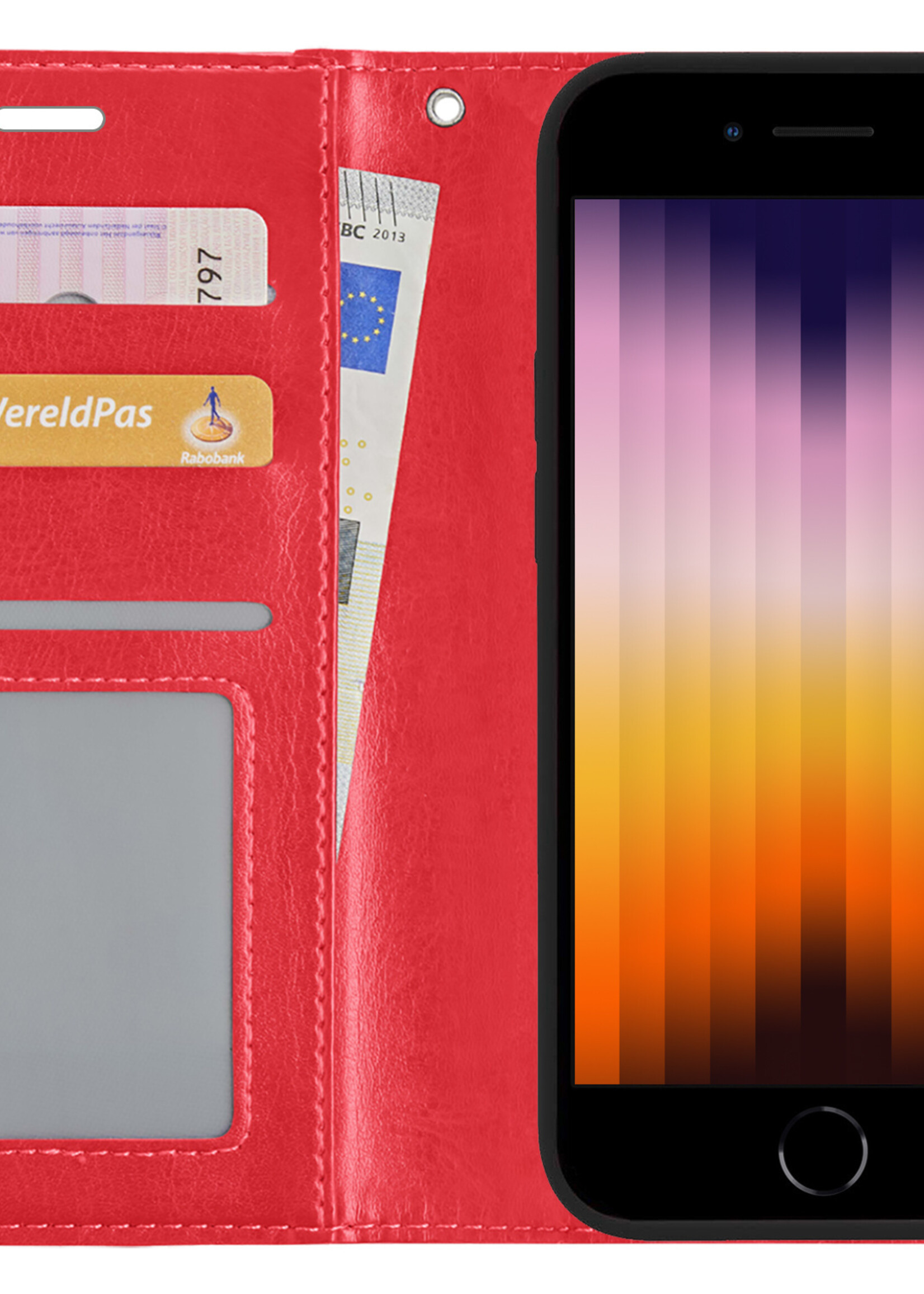 BTH Hoesje Geschikt voor iPhone SE 2022 Hoesje Book Case Hoes Portemonnee Cover Walletcase Met 2x Screenprotector - Hoes Geschikt voor iPhone SE (2022) Hoes Bookcase Hoesje - Rood