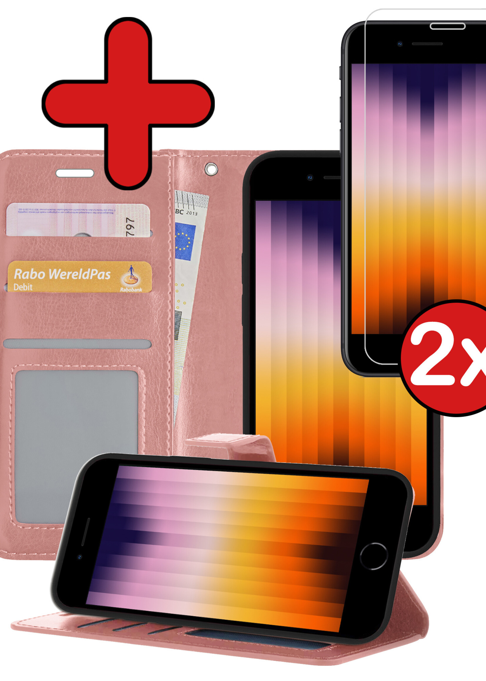BTH Hoesje Geschikt voor iPhone SE 2022 Hoesje Book Case Hoes Portemonnee Cover Walletcase Met 2x Screenprotector - Hoes Geschikt voor iPhone SE (2022) Hoes Bookcase Hoesje - Rosé goud