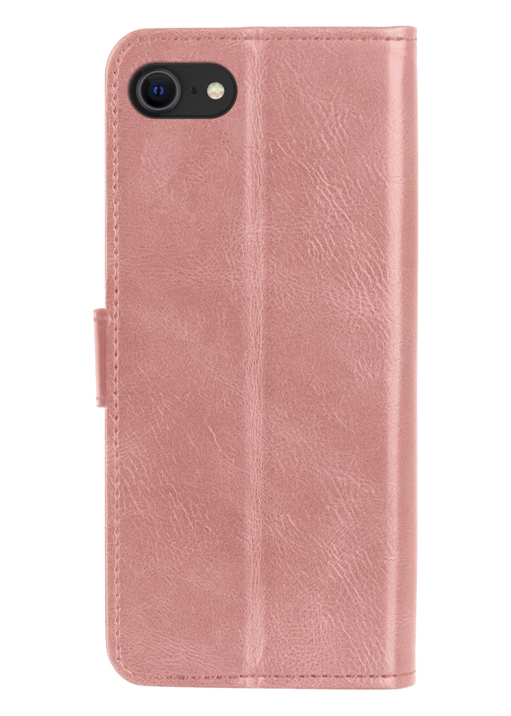 BTH Hoesje Geschikt voor iPhone SE 2022 Hoesje Book Case Hoes Portemonnee Cover Walletcase Met 2x Screenprotector - Hoes Geschikt voor iPhone SE (2022) Hoes Bookcase Hoesje - Rosé goud