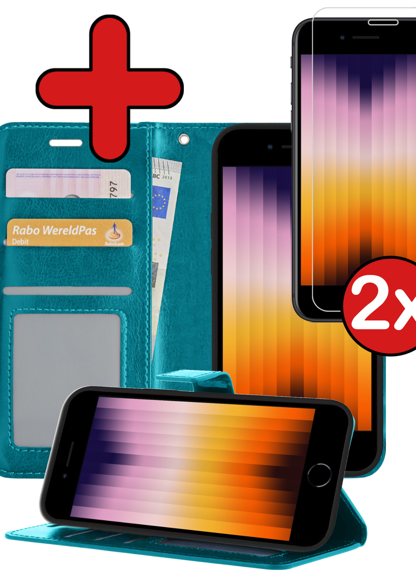 BTH Hoesje Geschikt voor iPhone SE 2022 Hoesje Book Case Hoes Portemonnee Cover Walletcase Met 2x Screenprotector - Hoes Geschikt voor iPhone SE (2022) Hoes Bookcase Hoesje - Turquoise