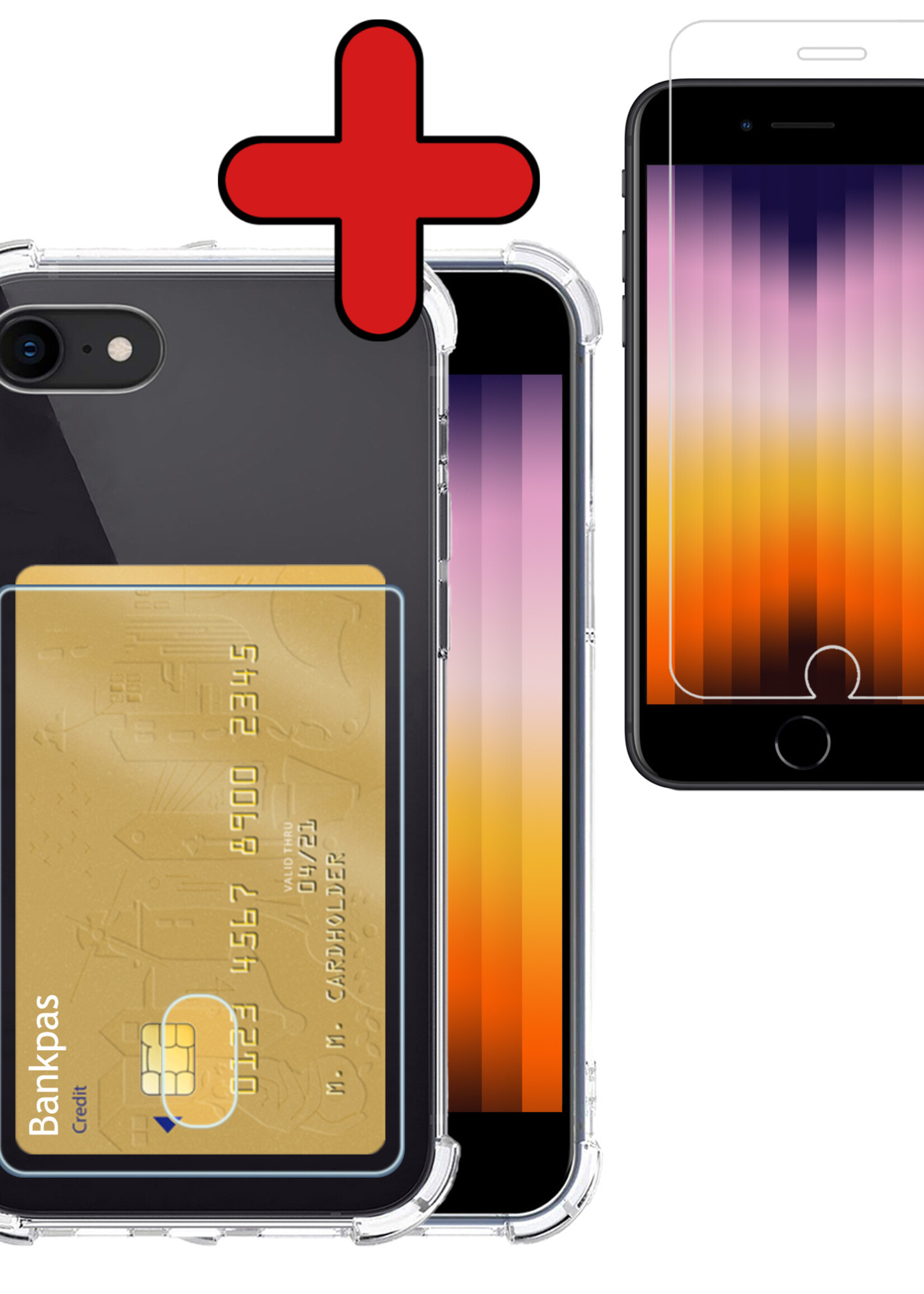 BTH Hoesje Geschikt voor iPhone SE 2022 Hoesje Met Pasjeshouder Siliconen Case Met Kaarthouder Met Screenprotector - Hoes Geschikt voor iPhone SE (2022) Hoesje Shock Proof Case - Transparant