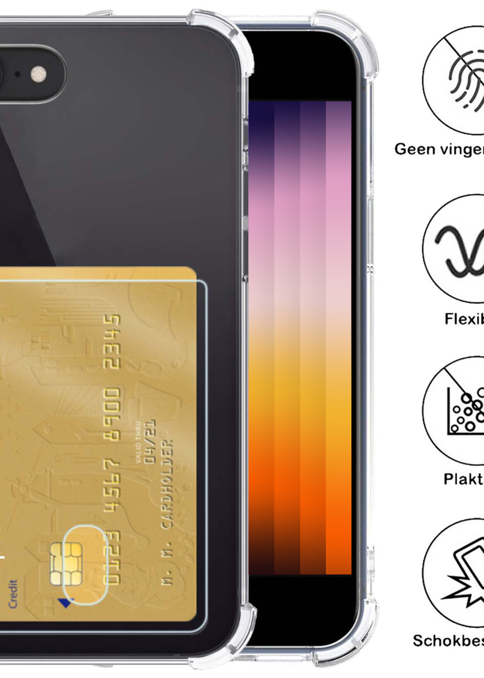 BTH Hoesje Geschikt voor iPhone SE 2022 Hoesje Met Pasjeshouder Siliconen Case Met Kaarthouder Met Screenprotector - Hoes Geschikt voor iPhone SE (2022) Hoesje Shock Proof Case - Transparant