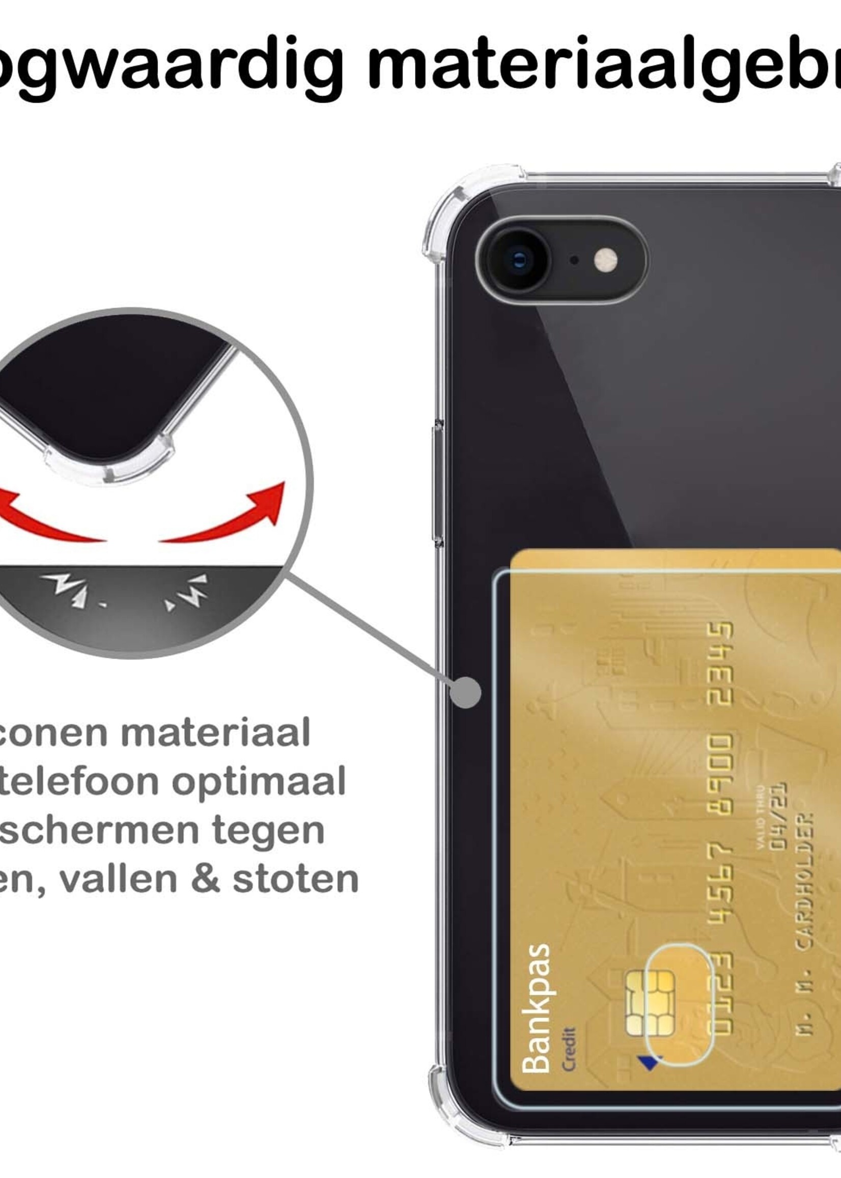 BTH Hoesje Geschikt voor iPhone SE 2022 Hoesje Met Pasjeshouder Siliconen Case Met Kaarthouder Met Screenprotector - Hoes Geschikt voor iPhone SE (2022) Hoesje Shock Proof Case - Transparant