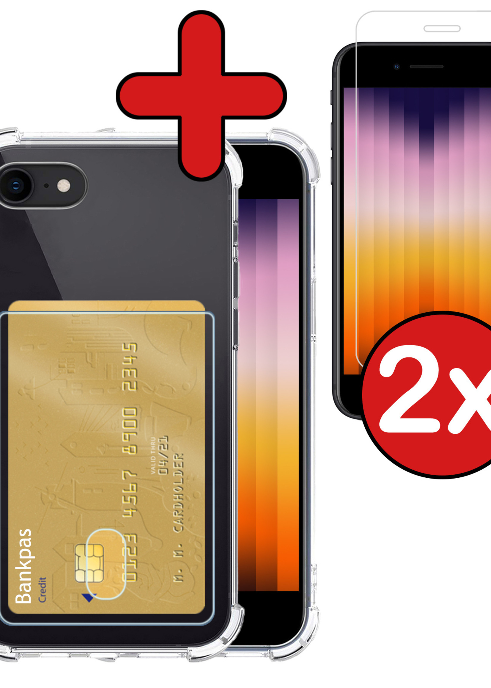 BTH Hoesje Geschikt voor iPhone SE 2022 Hoesje Met Pasjeshouder Siliconen Case Met Kaarthouder Met 2x Screenprotector - Hoes Geschikt voor iPhone SE (2022) Hoesje Shock Proof Case - Transparant
