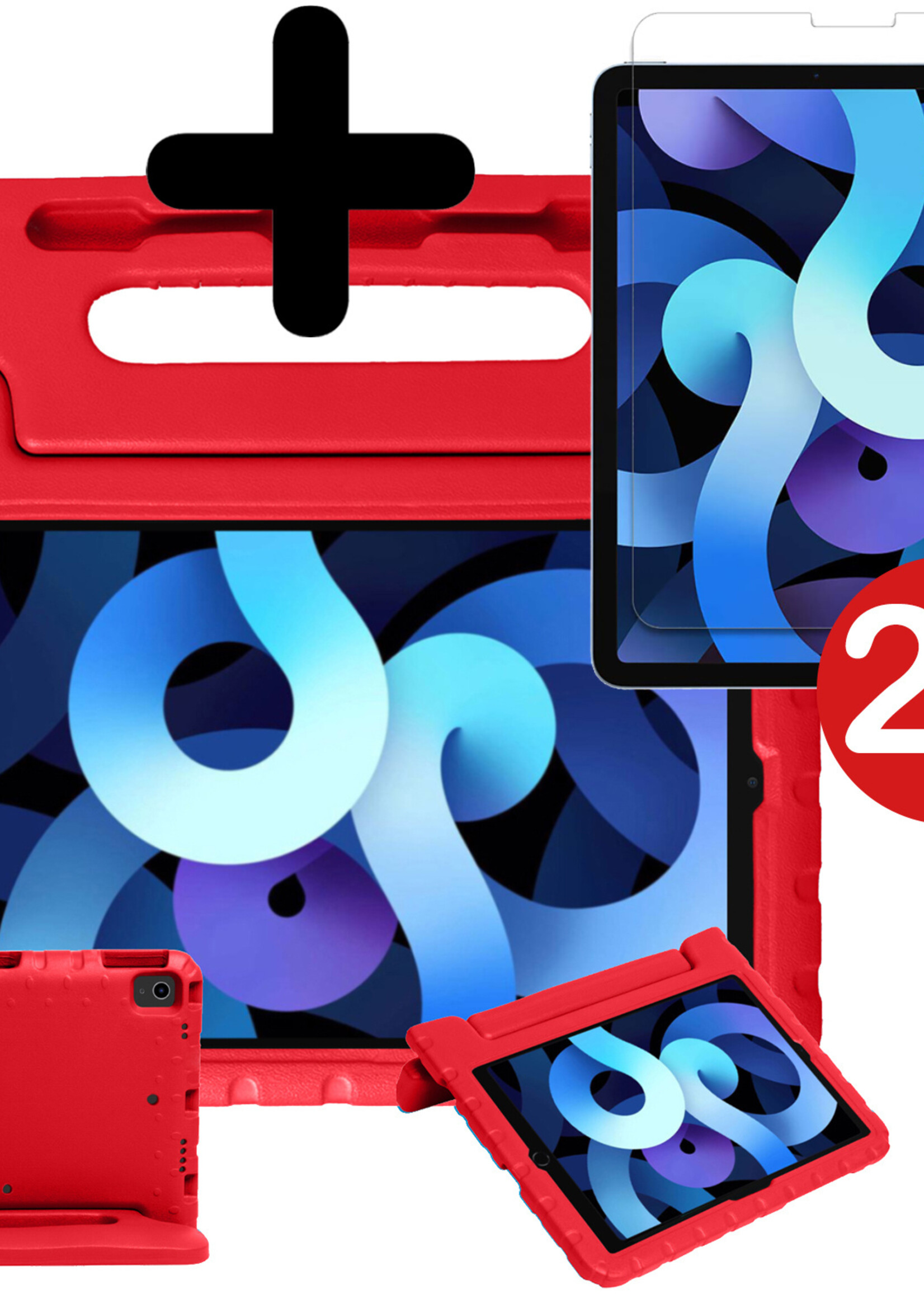 BTH Kinderhoes Geschikt voor iPad Air 2022 Hoes Kinder Hoesje Kids Case Cover Kidsproof Met 2x Screenprotector - Hoesje Geschikt voor iPad Air 5 2022 Hoesje Kinder Hoes - Rood
