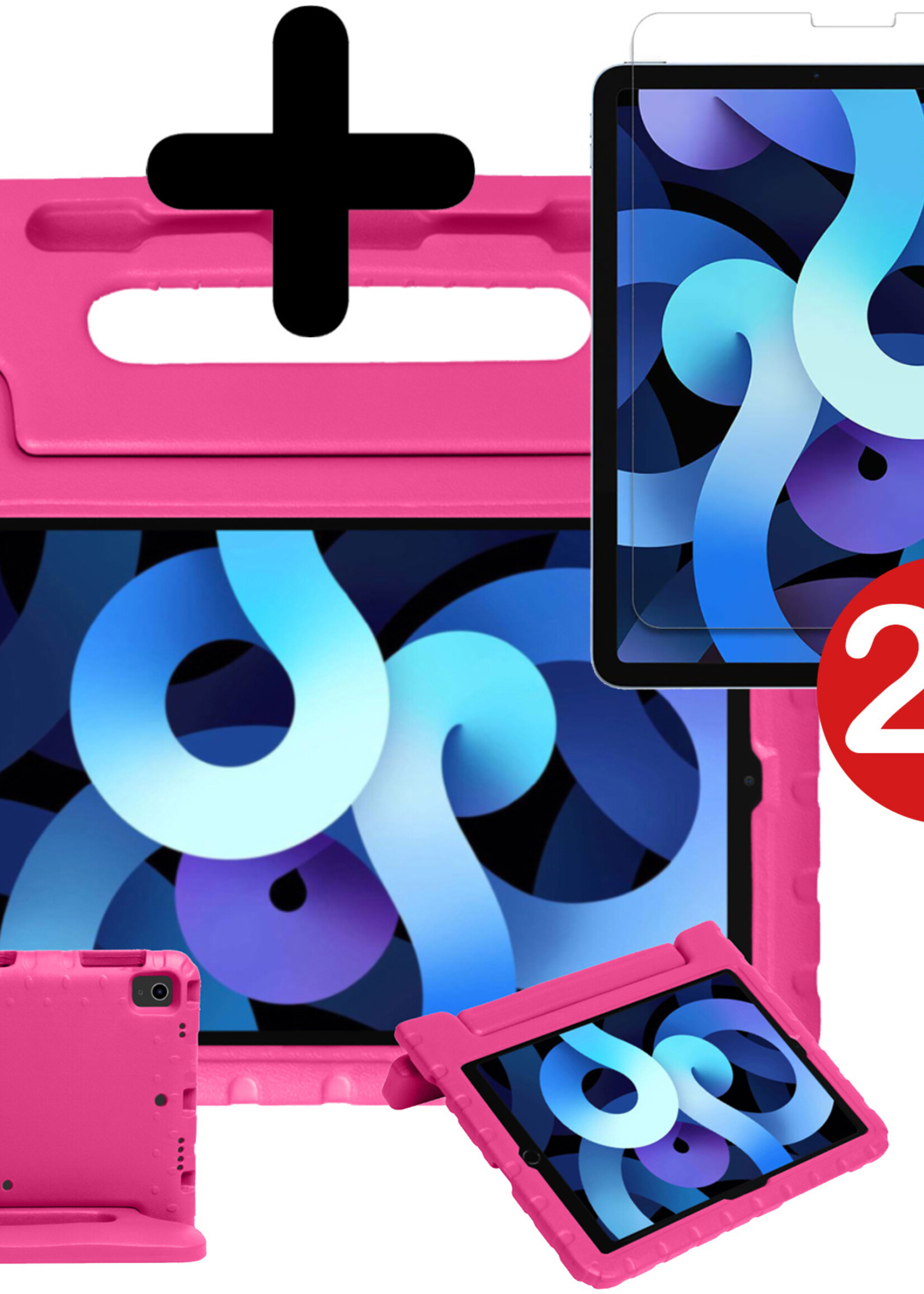 BTH Kinderhoes Geschikt voor iPad Air 2022 Hoes Kinder Hoesje Kids Case Cover Kidsproof Met 2x Screenprotector - Hoesje Geschikt voor iPad Air 5 2022 Hoesje Kinder Hoes - Roze