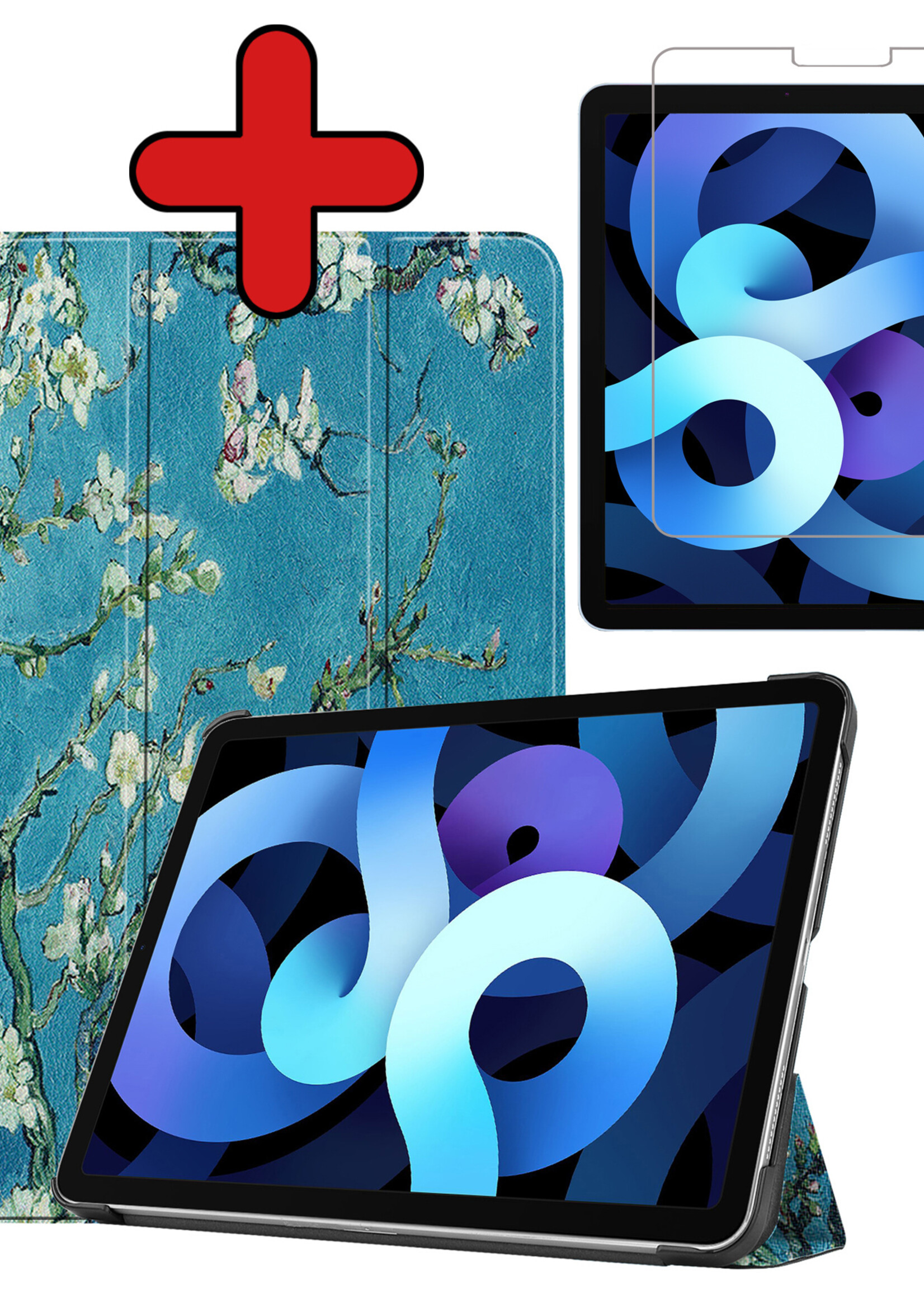 BTH Hoes Geschikt voor iPad Air 2022 Hoes Book Case Hoesje Trifold Cover Met Screenprotector - Hoesje Geschikt voor iPad Air 5 2022 Hoesje Bookcase - Bloesem