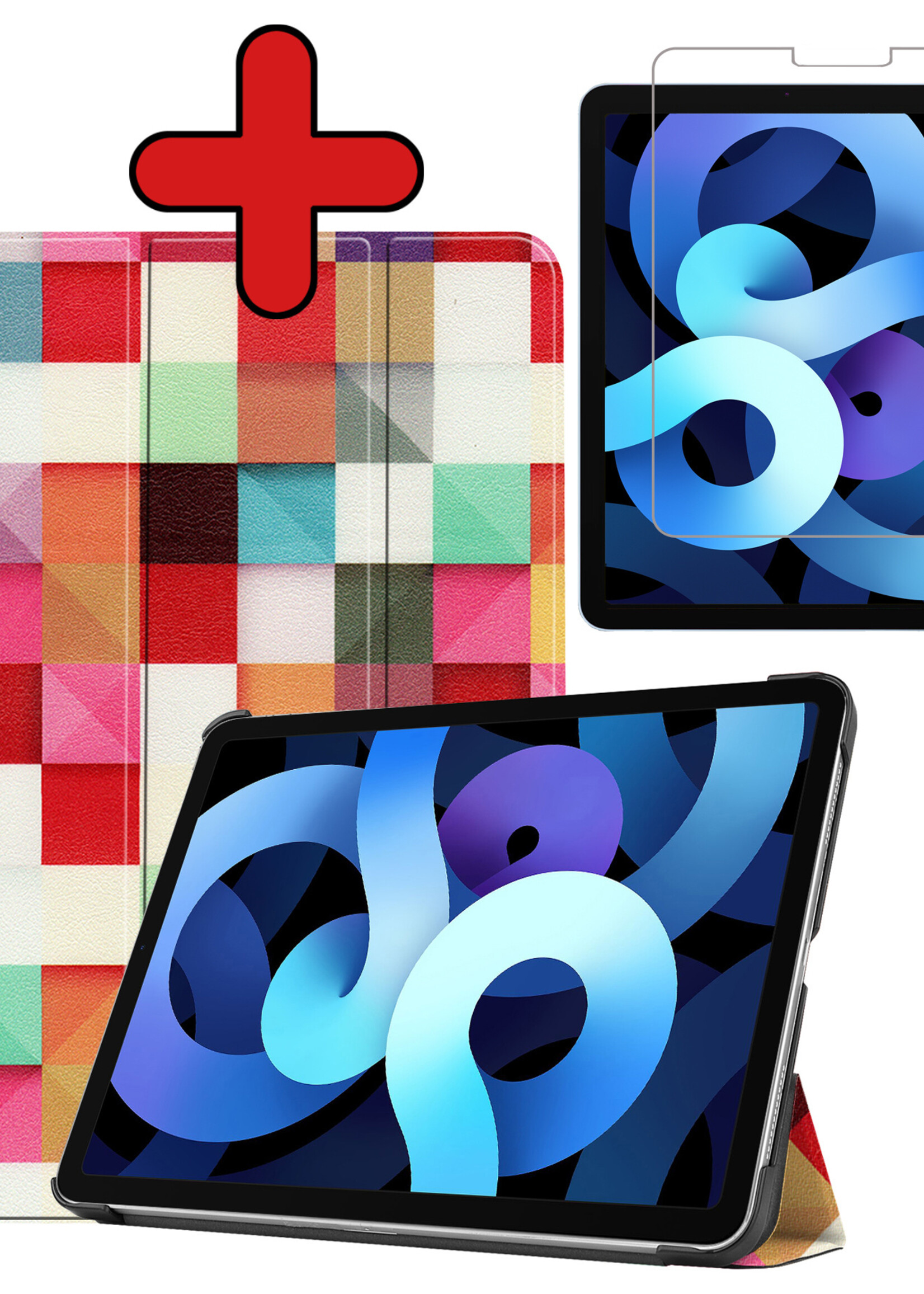BTH Hoes Geschikt voor iPad Air 2022 Hoes Book Case Hoesje Trifold Cover Met Screenprotector - Hoesje Geschikt voor iPad Air 5 2022 Hoesje Bookcase - Blokken