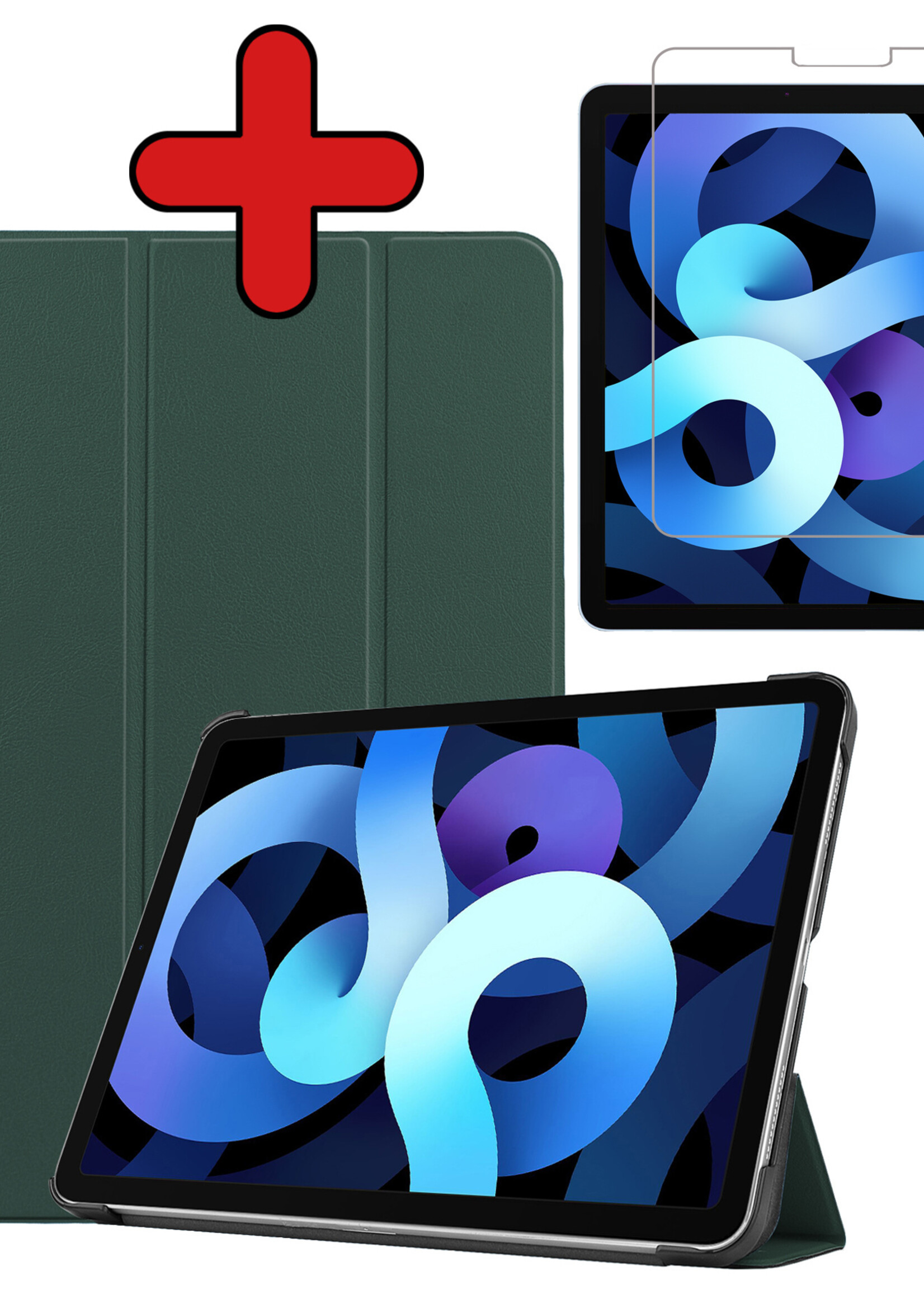 BTH Hoes Geschikt voor iPad Air 2022 Hoes Book Case Hoesje Trifold Cover Met Screenprotector - Hoesje Geschikt voor iPad Air 5 2022 Hoesje Bookcase - Donkergroen