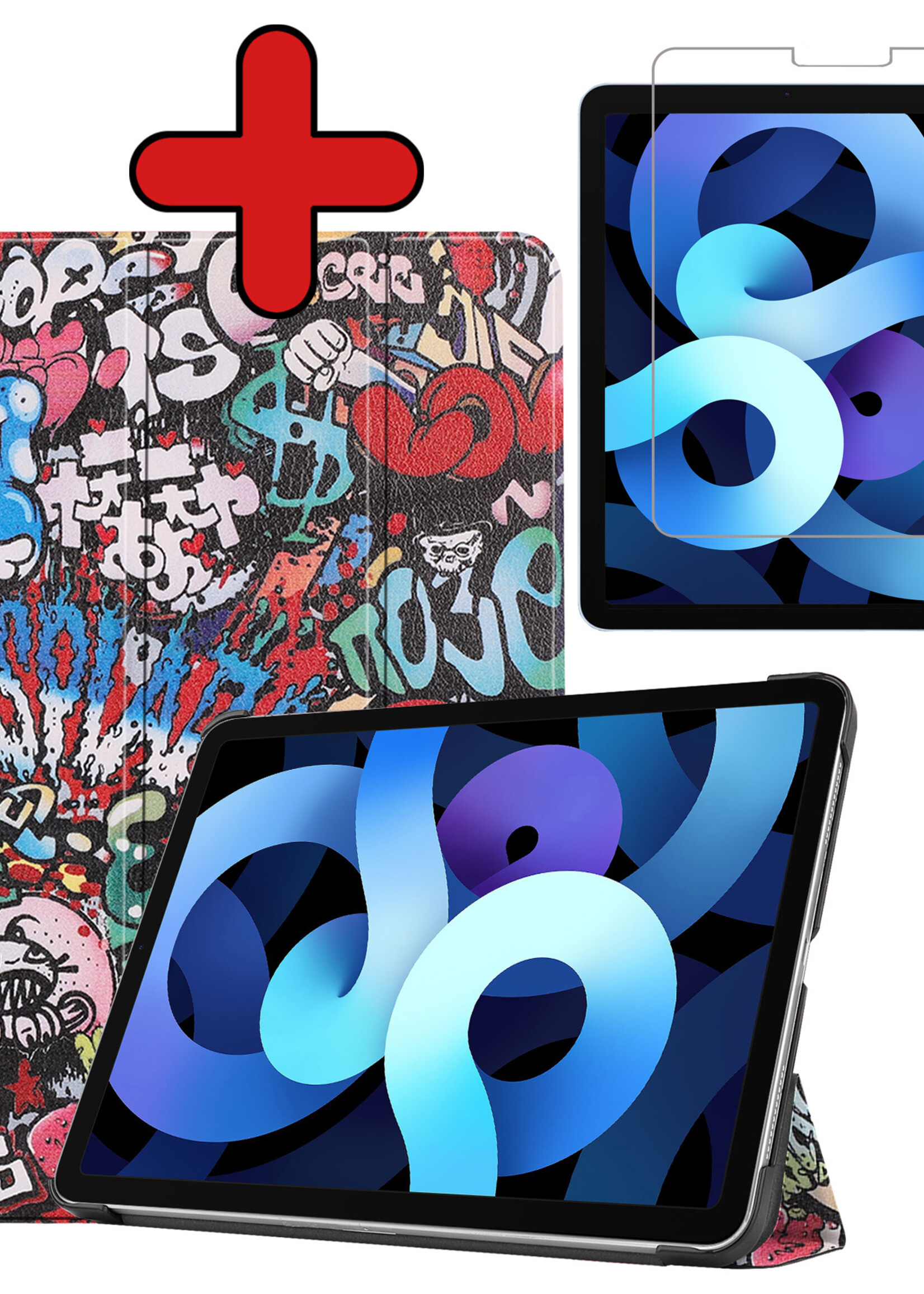 BTH Hoes Geschikt voor iPad Air 2022 Hoes Book Case Hoesje Trifold Cover Met Screenprotector - Hoesje Geschikt voor iPad Air 5 2022 Hoesje Bookcase - Graffity