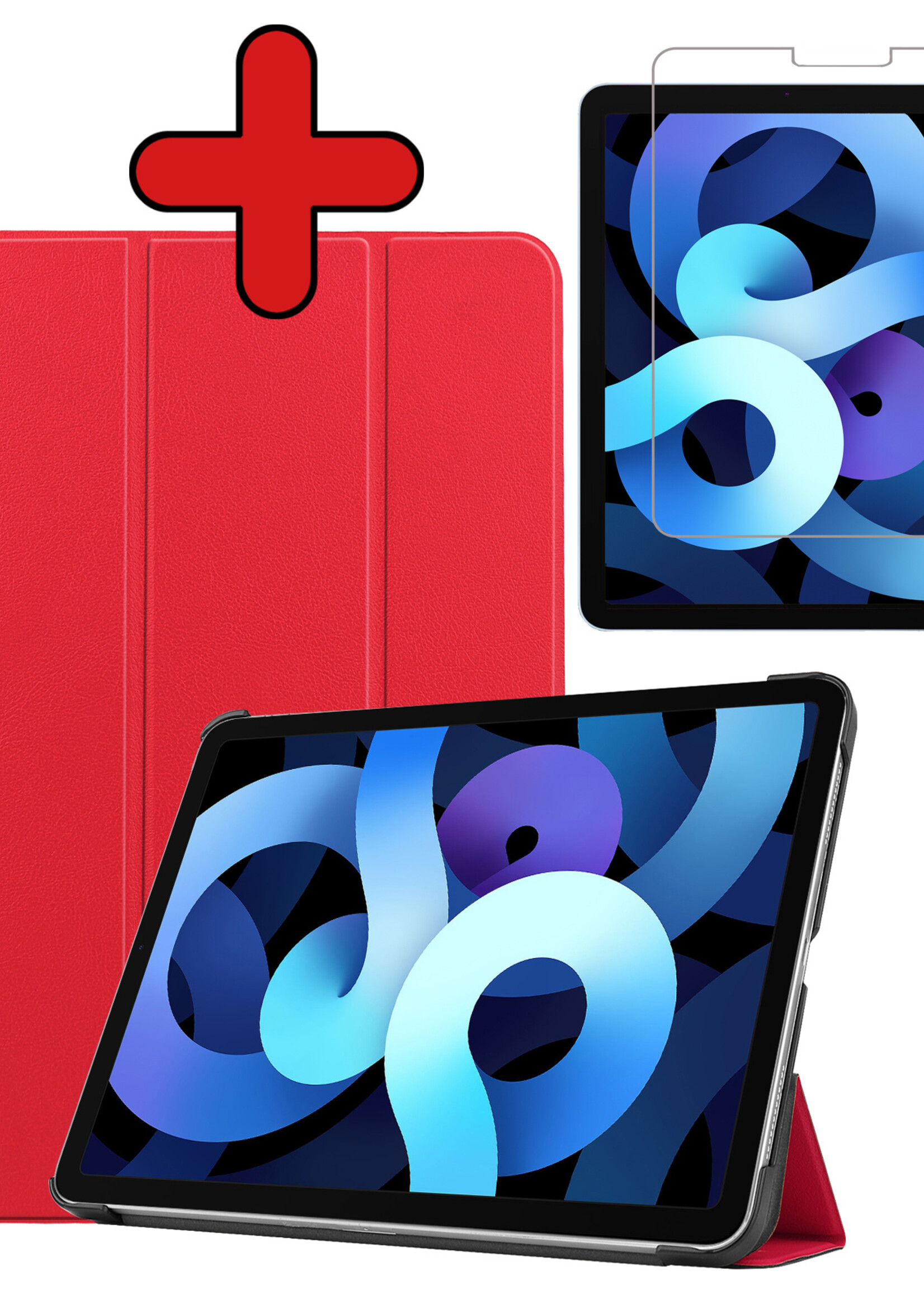BTH Hoes Geschikt voor iPad Air 2022 Hoes Book Case Hoesje Trifold Cover Met Screenprotector - Hoesje Geschikt voor iPad Air 5 2022 Hoesje Bookcase - Rood