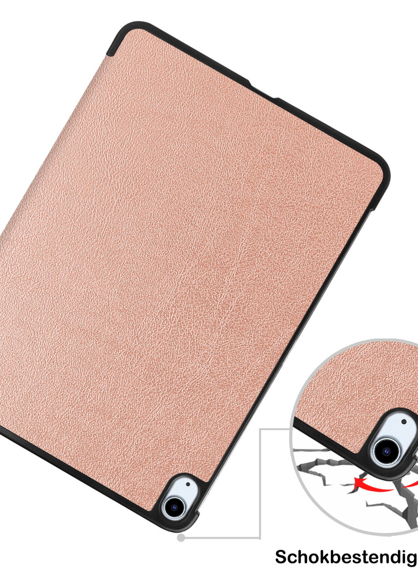 BTH Hoes Geschikt voor iPad Air 2022 Hoes Book Case Hoesje Trifold Cover Met Screenprotector - Hoesje Geschikt voor iPad Air 5 2022 Hoesje Bookcase - Rosé goud