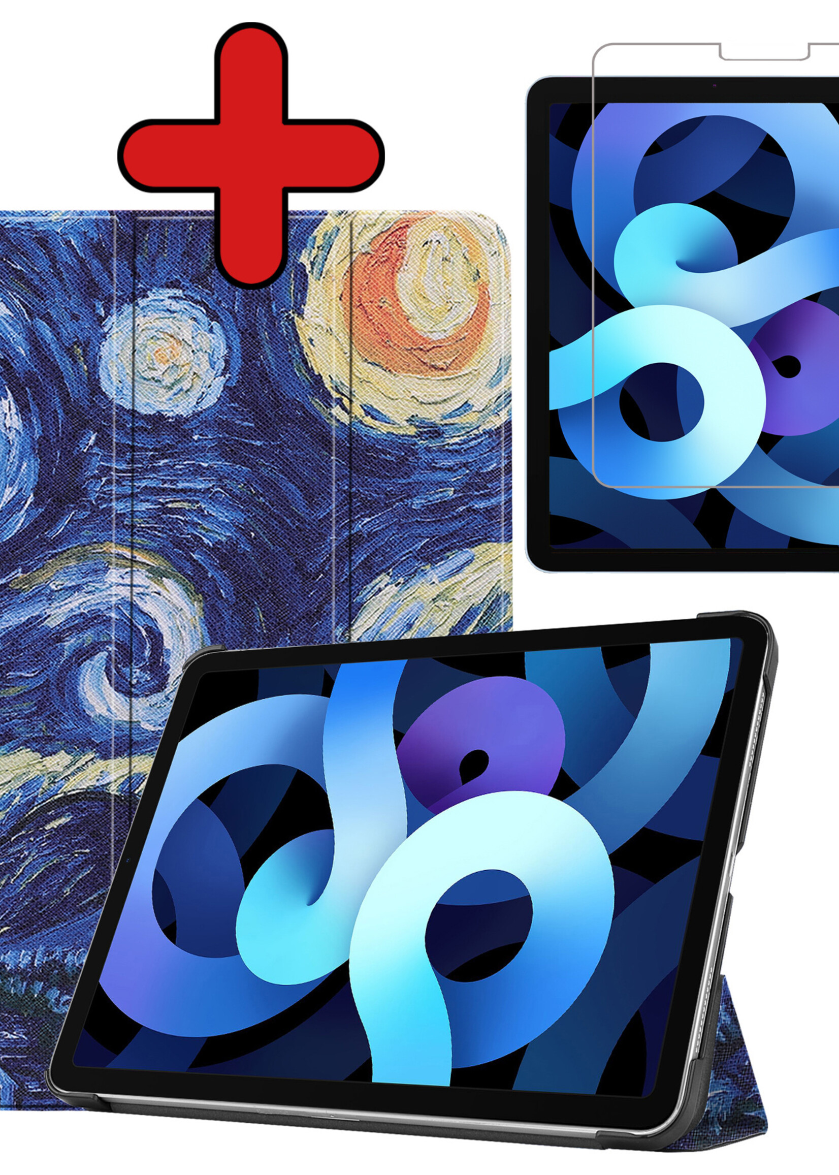 BTH Hoes Geschikt voor iPad Air 2022 Hoes Book Case Hoesje Trifold Cover Met Screenprotector - Hoesje Geschikt voor iPad Air 5 2022 Hoesje Bookcase - Sterrenhemel