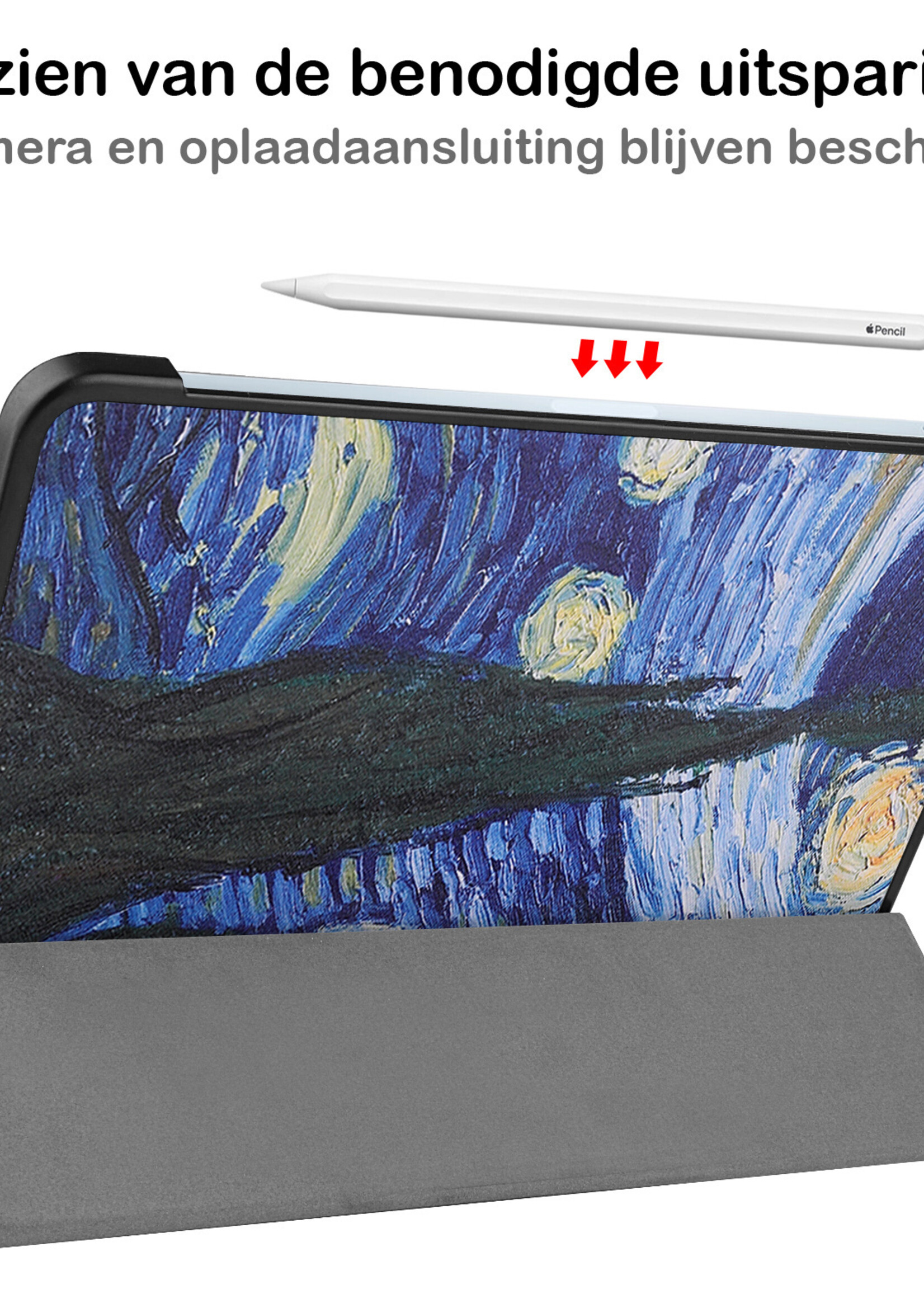 BTH Hoes Geschikt voor iPad Air 2022 Hoes Book Case Hoesje Trifold Cover Met Screenprotector - Hoesje Geschikt voor iPad Air 5 2022 Hoesje Bookcase - Sterrenhemel