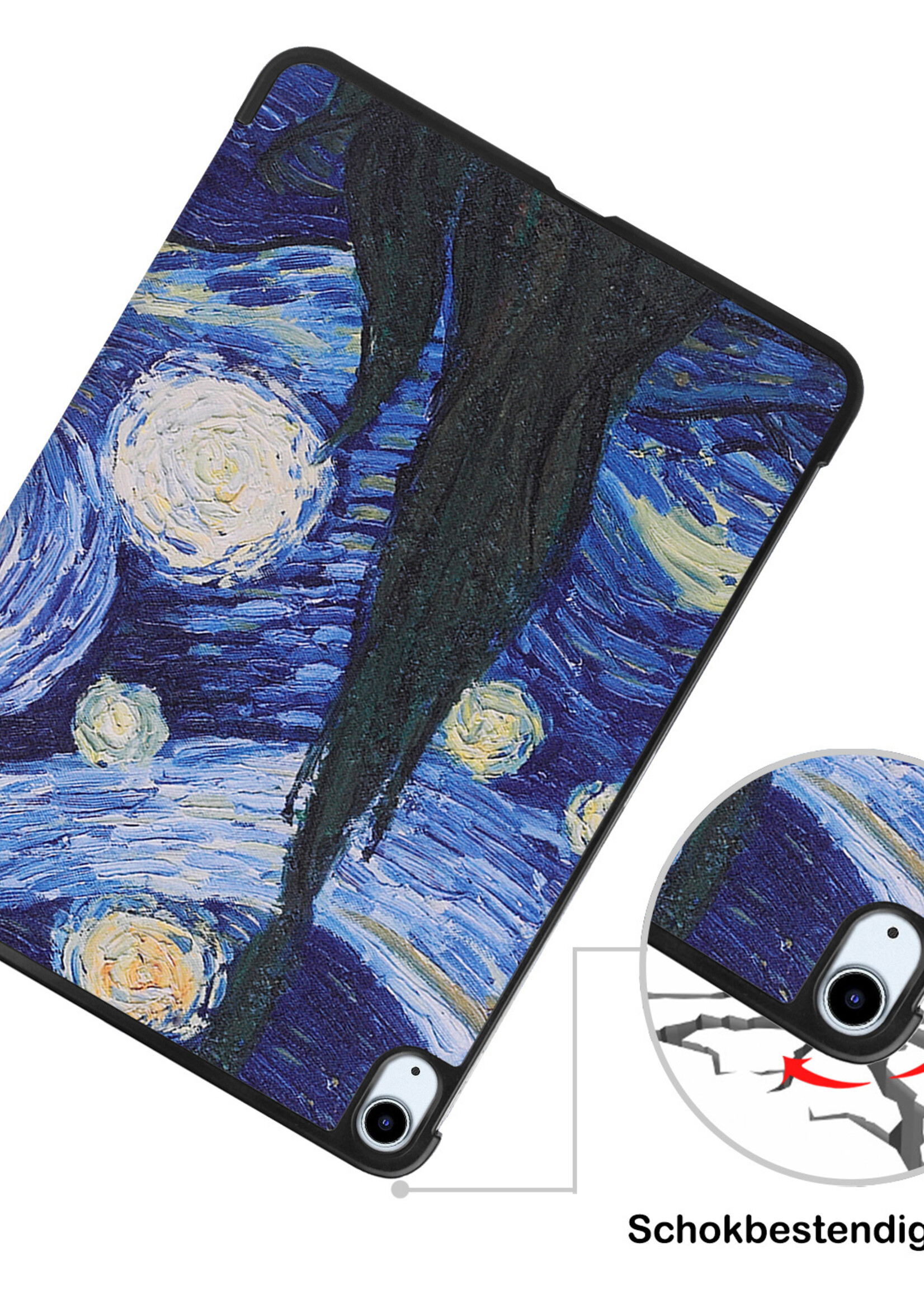 BTH Hoes Geschikt voor iPad Air 2022 Hoes Book Case Hoesje Trifold Cover Met Screenprotector - Hoesje Geschikt voor iPad Air 5 2022 Hoesje Bookcase - Sterrenhemel