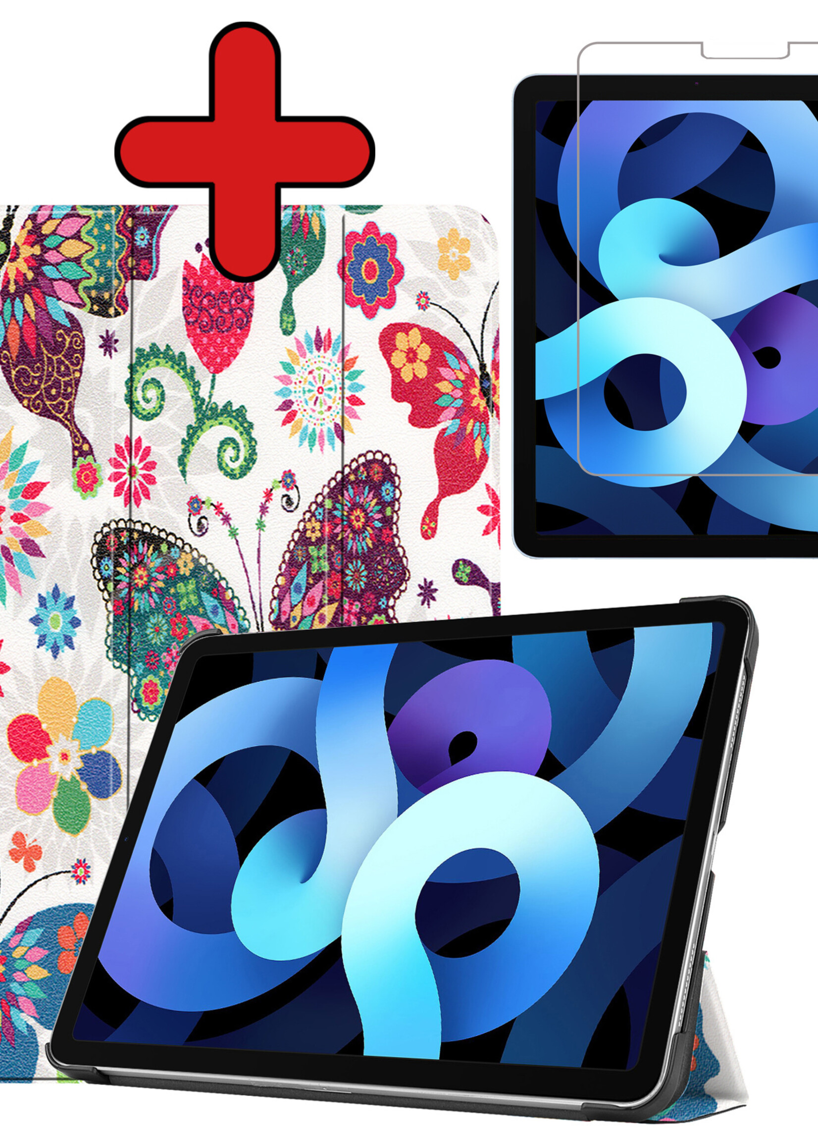BTH Hoes Geschikt voor iPad Air 2022 Hoes Book Case Hoesje Trifold Cover Met Screenprotector - Hoesje Geschikt voor iPad Air 5 2022 Hoesje Bookcase - Vlinders