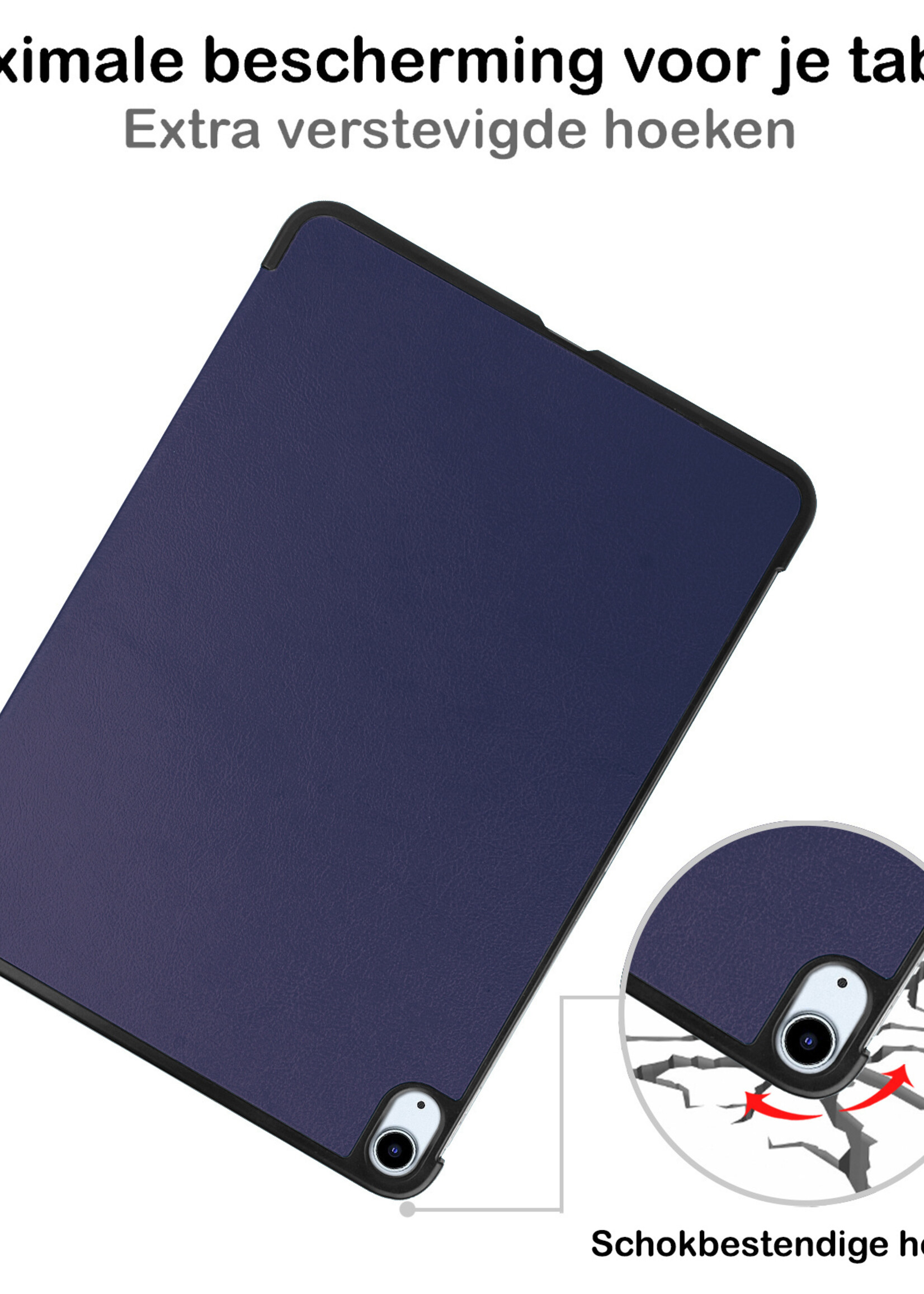 BTH Hoes Geschikt voor iPad Air 2022 Hoes Book Case Hoesje Trifold Cover Met Uitsparing Geschikt voor Apple Pencil Met Screenprotector - Hoesje Geschikt voor iPad Air 5 2022 Hoesje Bookcase - Donkerblauw