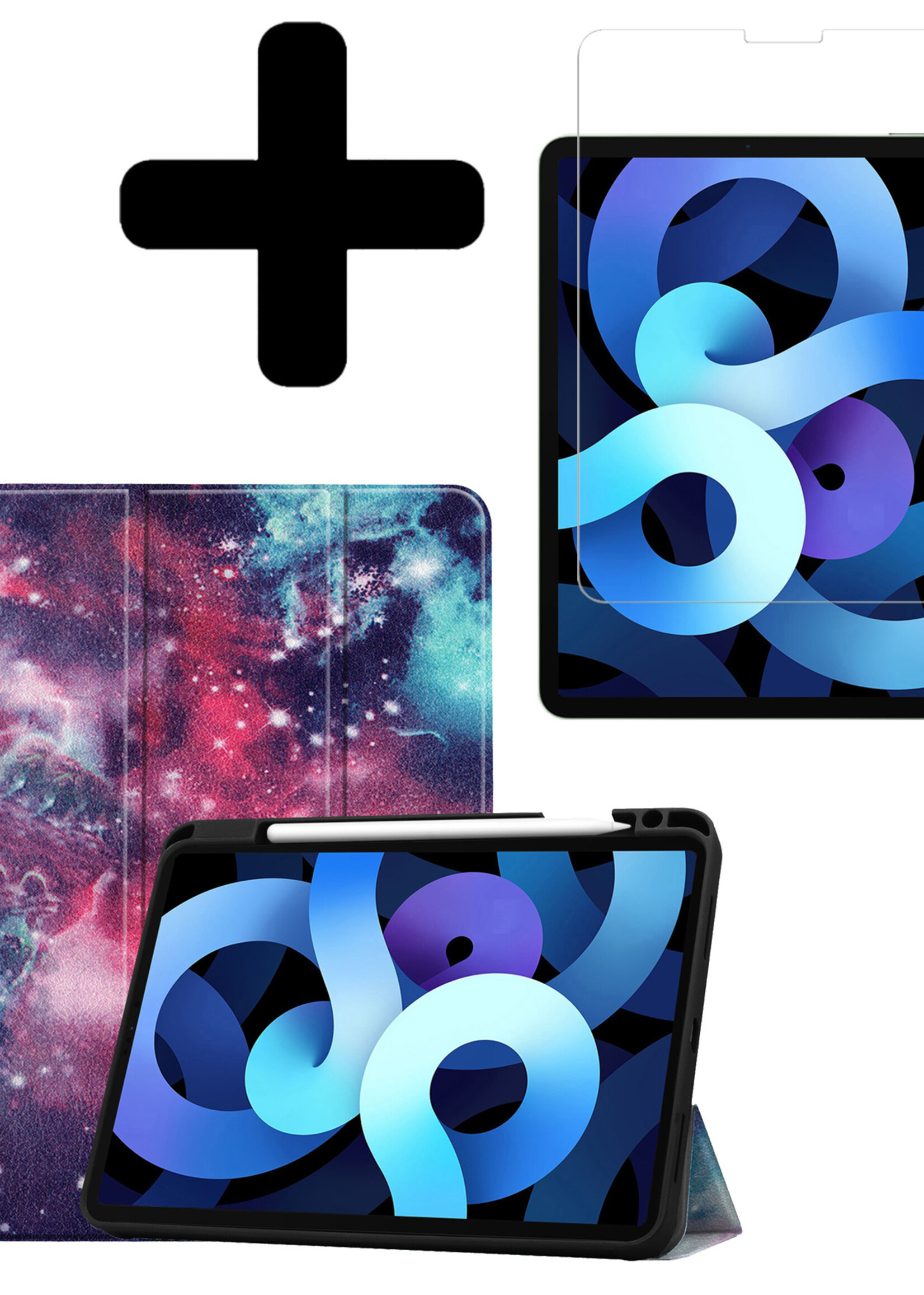 BTH Hoes Geschikt voor iPad Air 2022 Hoes Book Case Hoesje Trifold Cover Met Uitsparing Geschikt voor Apple Pencil Met Screenprotector - Hoesje Geschikt voor iPad Air 5 2022 Hoesje Bookcase - Galaxy