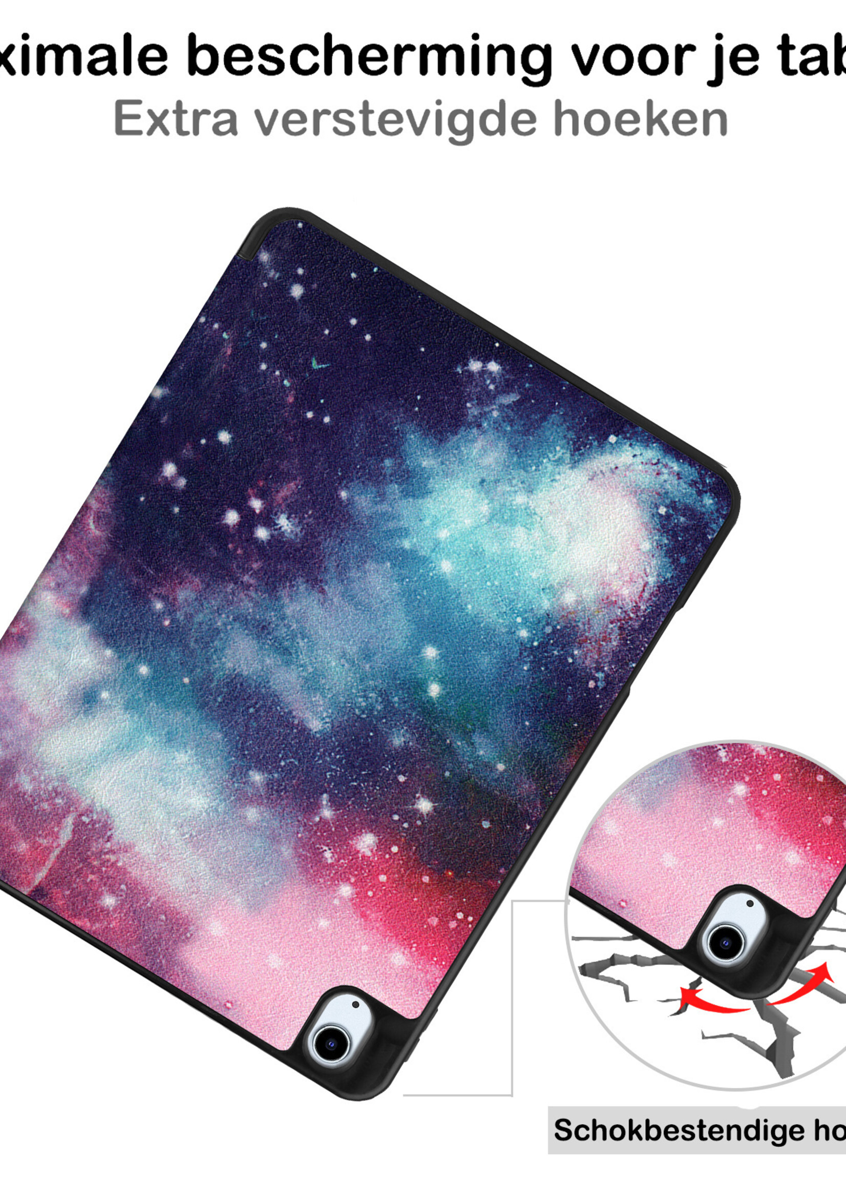 BTH Hoes Geschikt voor iPad Air 2022 Hoes Book Case Hoesje Trifold Cover Met Uitsparing Geschikt voor Apple Pencil Met Screenprotector - Hoesje Geschikt voor iPad Air 5 2022 Hoesje Bookcase - Galaxy