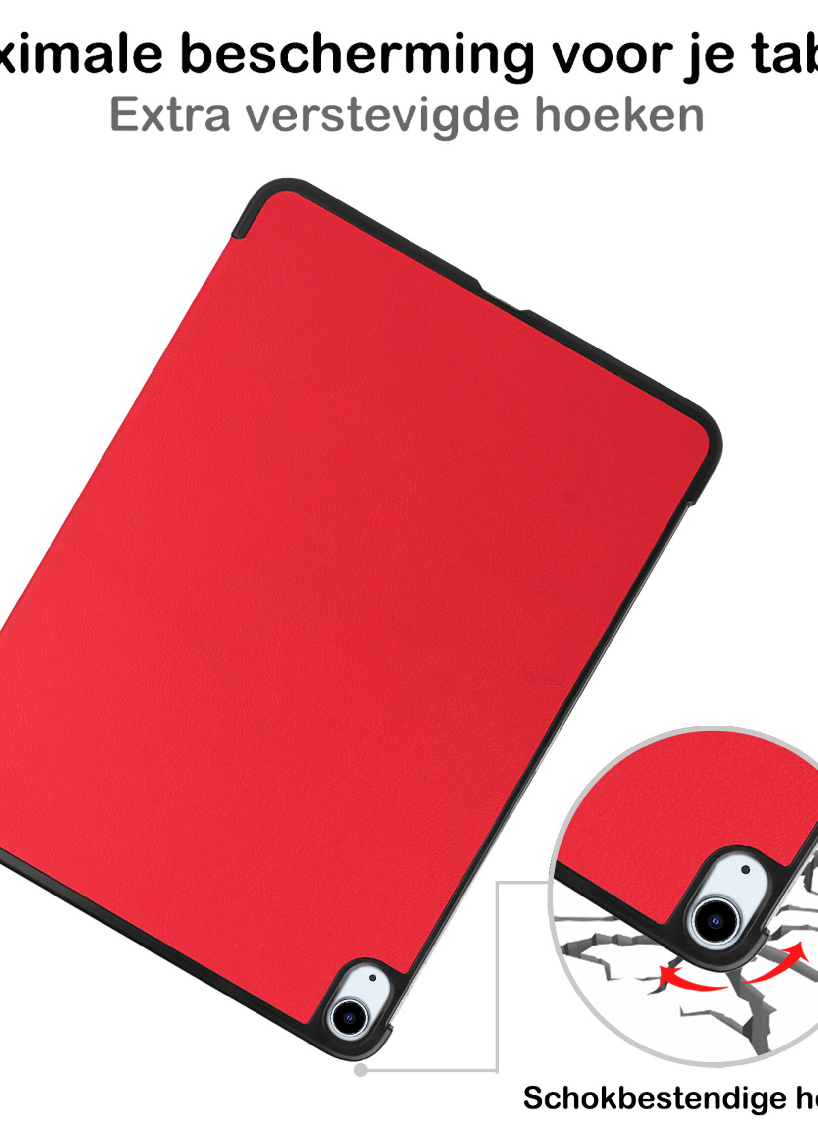 BTH Hoes Geschikt voor iPad Air 2022 Hoes Book Case Hoesje Trifold Cover Met Uitsparing Geschikt voor Apple Pencil Met Screenprotector - Hoesje Geschikt voor iPad Air 5 2022 Hoesje Bookcase - Rood