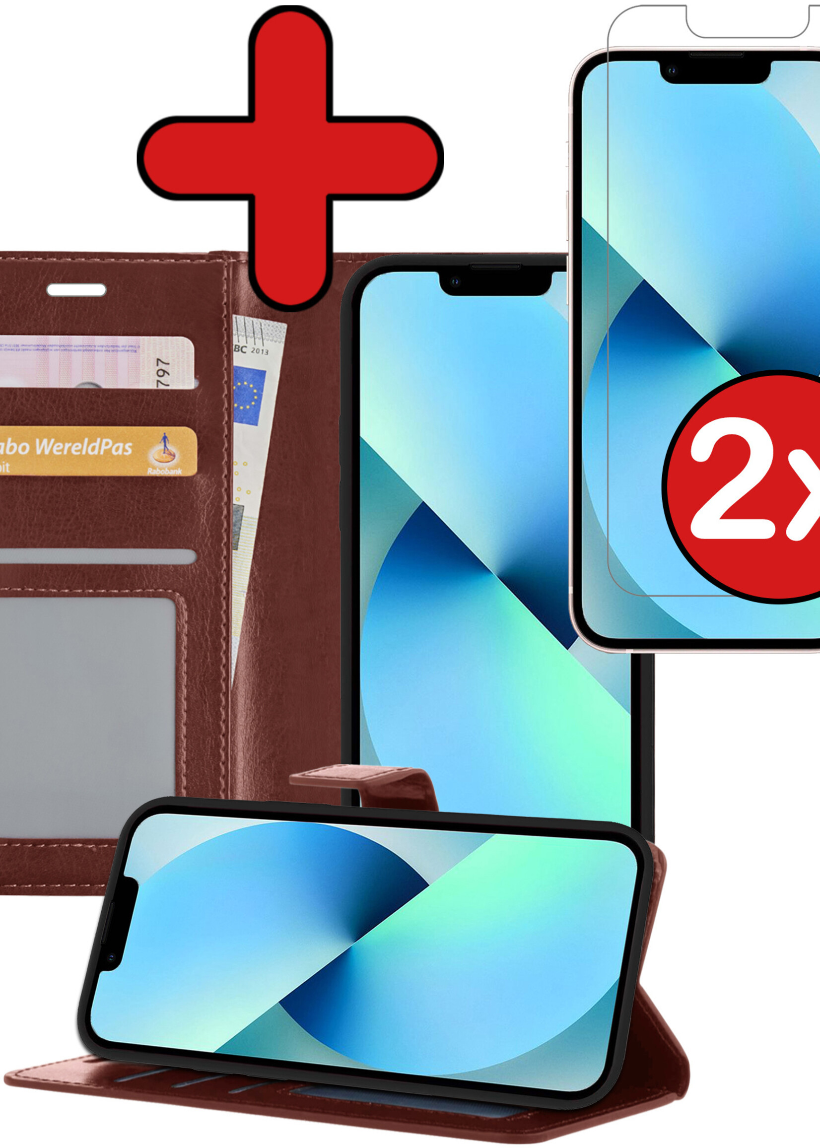 BTH Hoesje Geschikt voor iPhone 13 Mini Hoesje Book Case Hoes Portemonnee Cover Walletcase Met 2x Screenprotector - Hoes Geschikt voor iPhone 13 Mini Hoes Bookcase Hoesje - Bruin