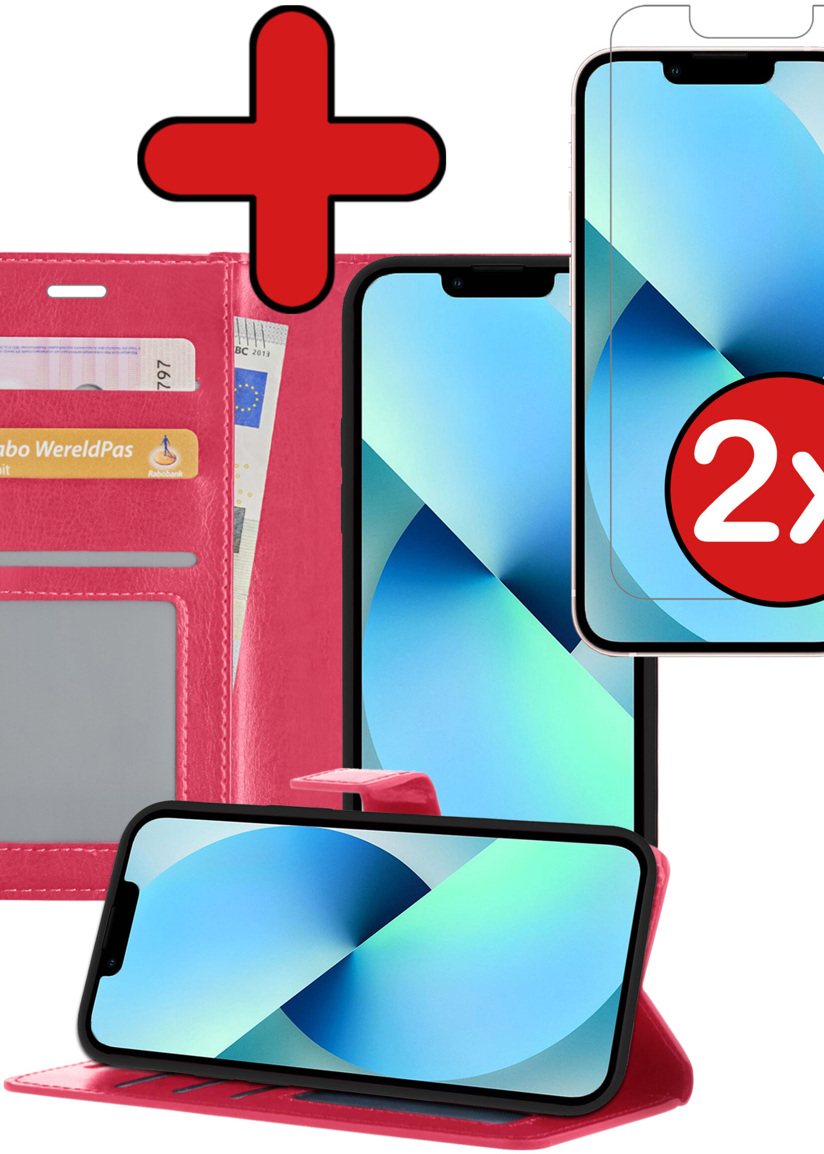 BTH Hoesje Geschikt voor iPhone 13 Mini Hoesje Book Case Hoes Portemonnee Cover Walletcase Met 2x Screenprotector - Hoes Geschikt voor iPhone 13 Mini Hoes Bookcase Hoesje - Donkerroze