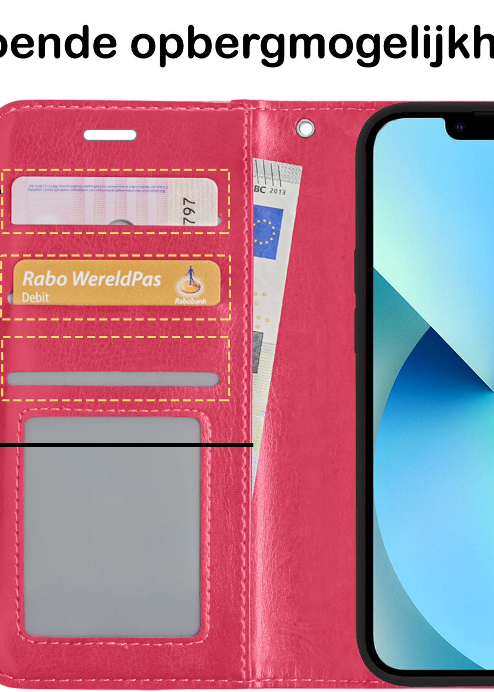 BTH Hoesje Geschikt voor iPhone 13 Mini Hoesje Book Case Hoes Portemonnee Cover Walletcase Met 2x Screenprotector - Hoes Geschikt voor iPhone 13 Mini Hoes Bookcase Hoesje - Donkerroze