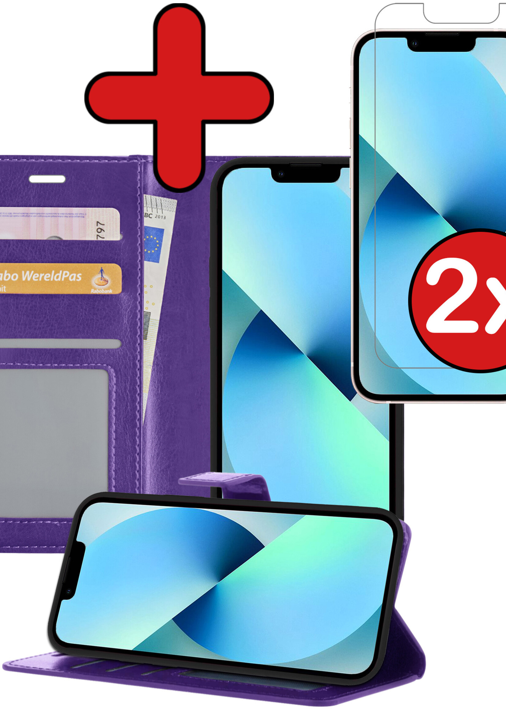 BTH Hoesje Geschikt voor iPhone 13 Mini Hoesje Book Case Hoes Portemonnee Cover Walletcase Met 2x Screenprotector - Hoes Geschikt voor iPhone 13 Mini Hoes Bookcase Hoesje - Paars