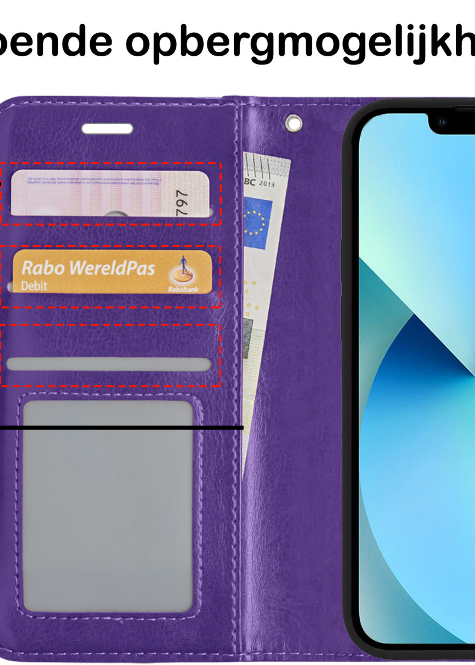 BTH Hoesje Geschikt voor iPhone 13 Mini Hoesje Book Case Hoes Portemonnee Cover Walletcase Met 2x Screenprotector - Hoes Geschikt voor iPhone 13 Mini Hoes Bookcase Hoesje - Paars