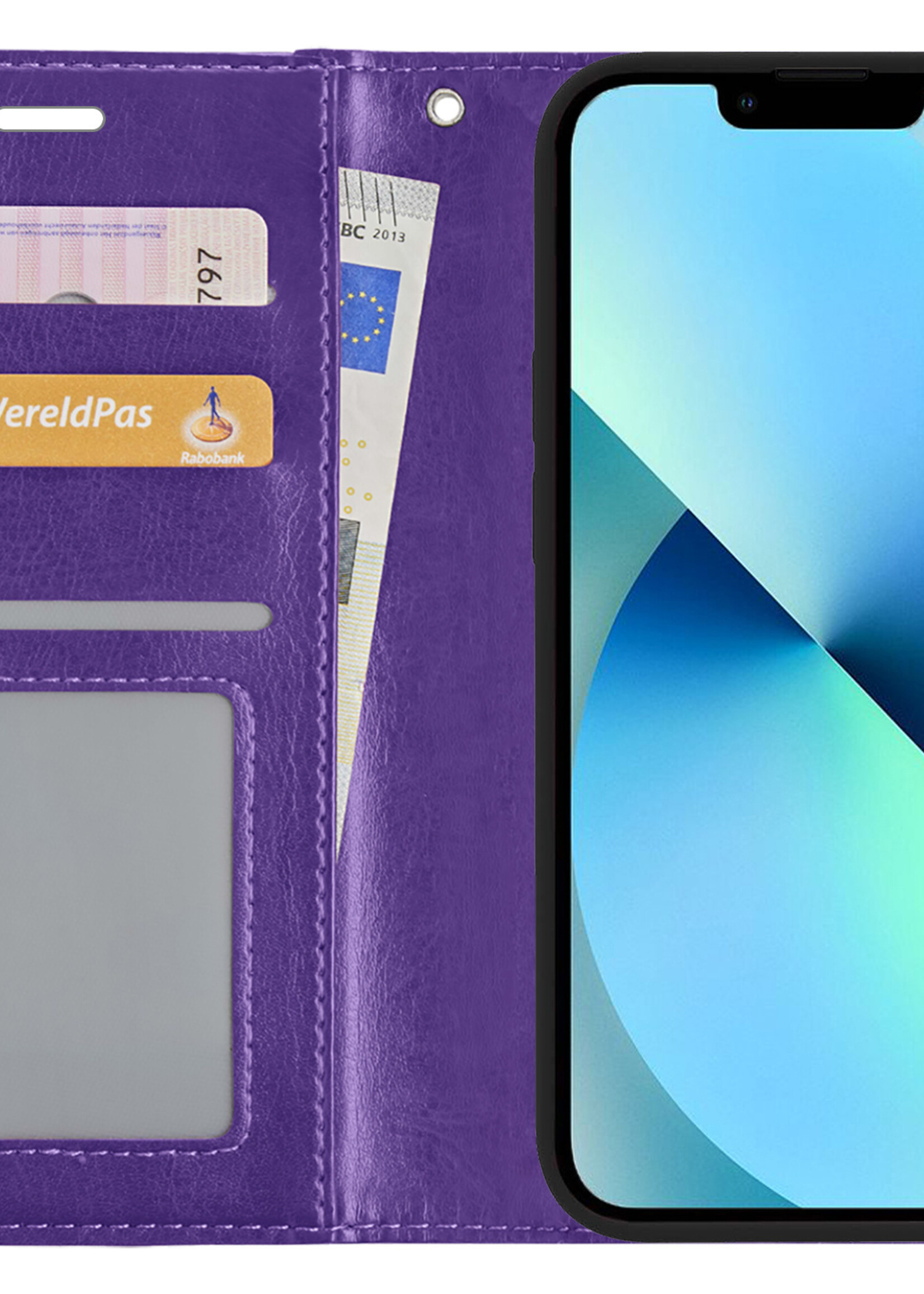 BTH Hoesje Geschikt voor iPhone 13 Mini Hoesje Book Case Hoes Portemonnee Cover Walletcase Met 2x Screenprotector - Hoes Geschikt voor iPhone 13 Mini Hoes Bookcase Hoesje - Paars