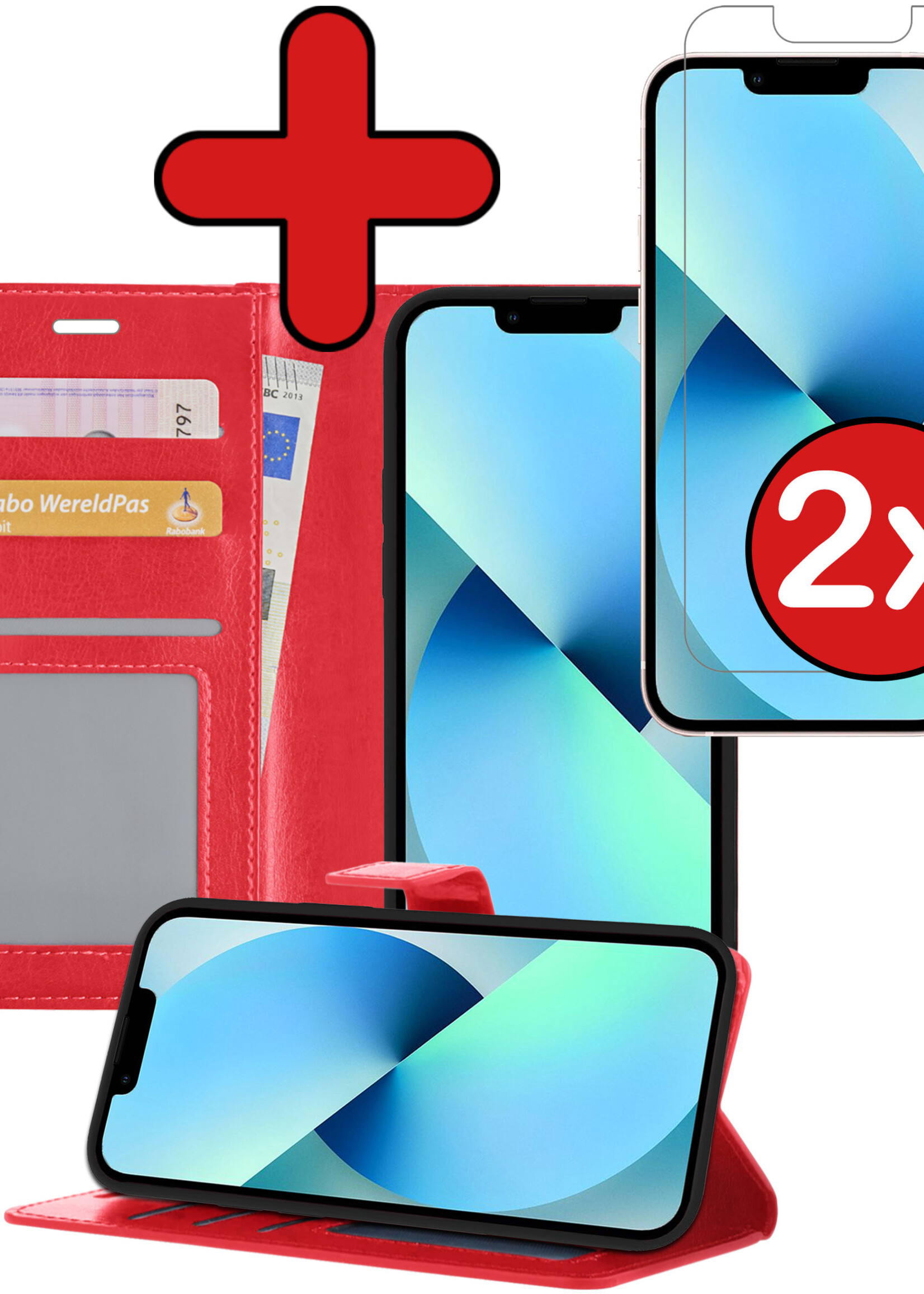 BTH Hoesje Geschikt voor iPhone 13 Mini Hoesje Book Case Hoes Portemonnee Cover Walletcase Met 2x Screenprotector - Hoes Geschikt voor iPhone 13 Mini Hoes Bookcase Hoesje - Rood