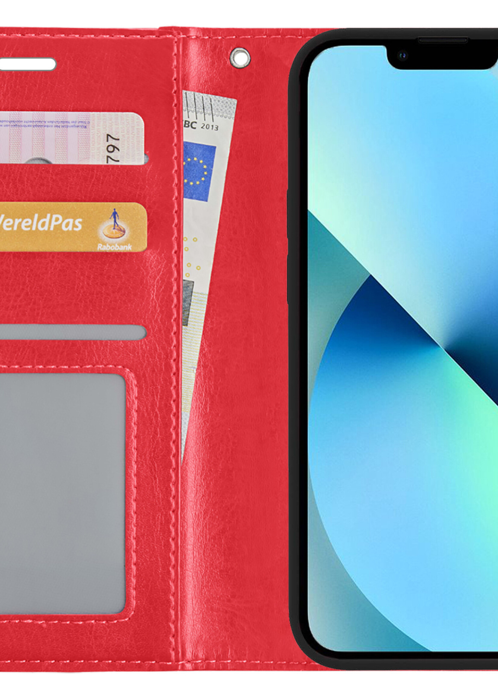 BTH Hoesje Geschikt voor iPhone 13 Mini Hoesje Book Case Hoes Portemonnee Cover Walletcase Met 2x Screenprotector - Hoes Geschikt voor iPhone 13 Mini Hoes Bookcase Hoesje - Rood