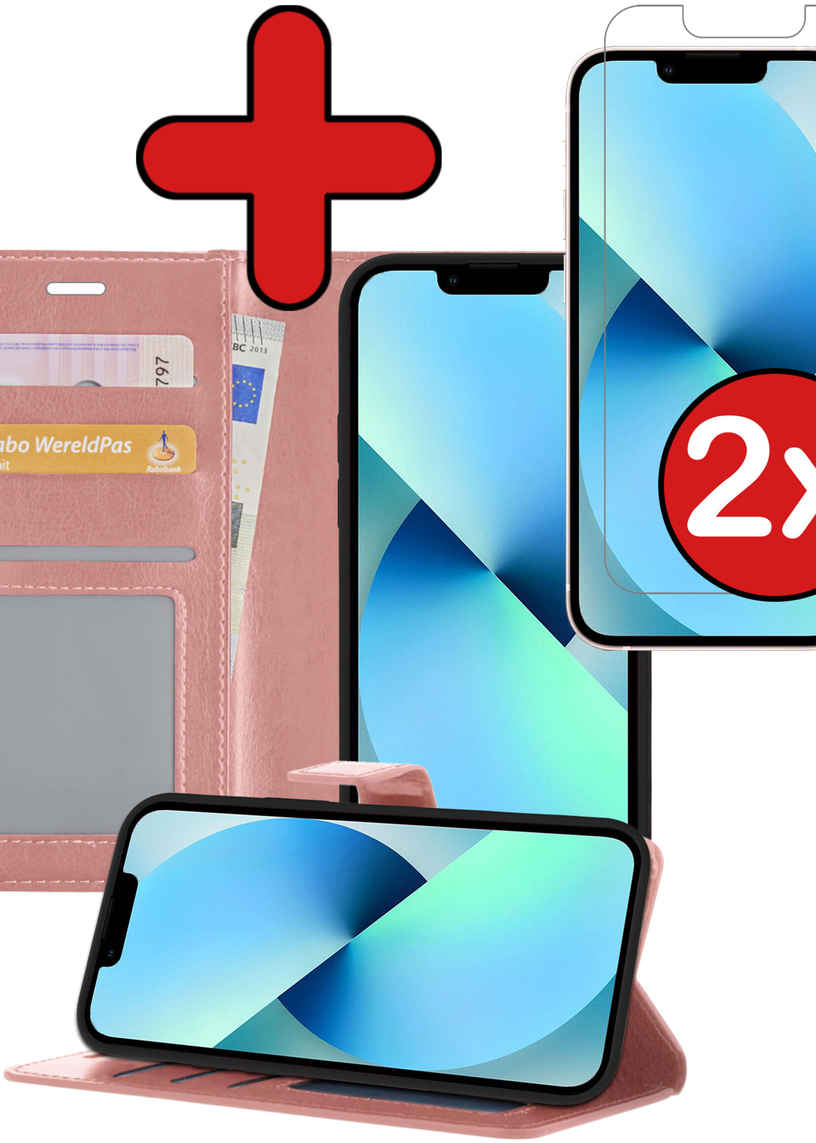 BTH Hoesje Geschikt voor iPhone 13 Mini Hoesje Book Case Hoes Portemonnee Cover Walletcase Met 2x Screenprotector - Hoes Geschikt voor iPhone 13 Mini Hoes Bookcase Hoesje - Rosé goud